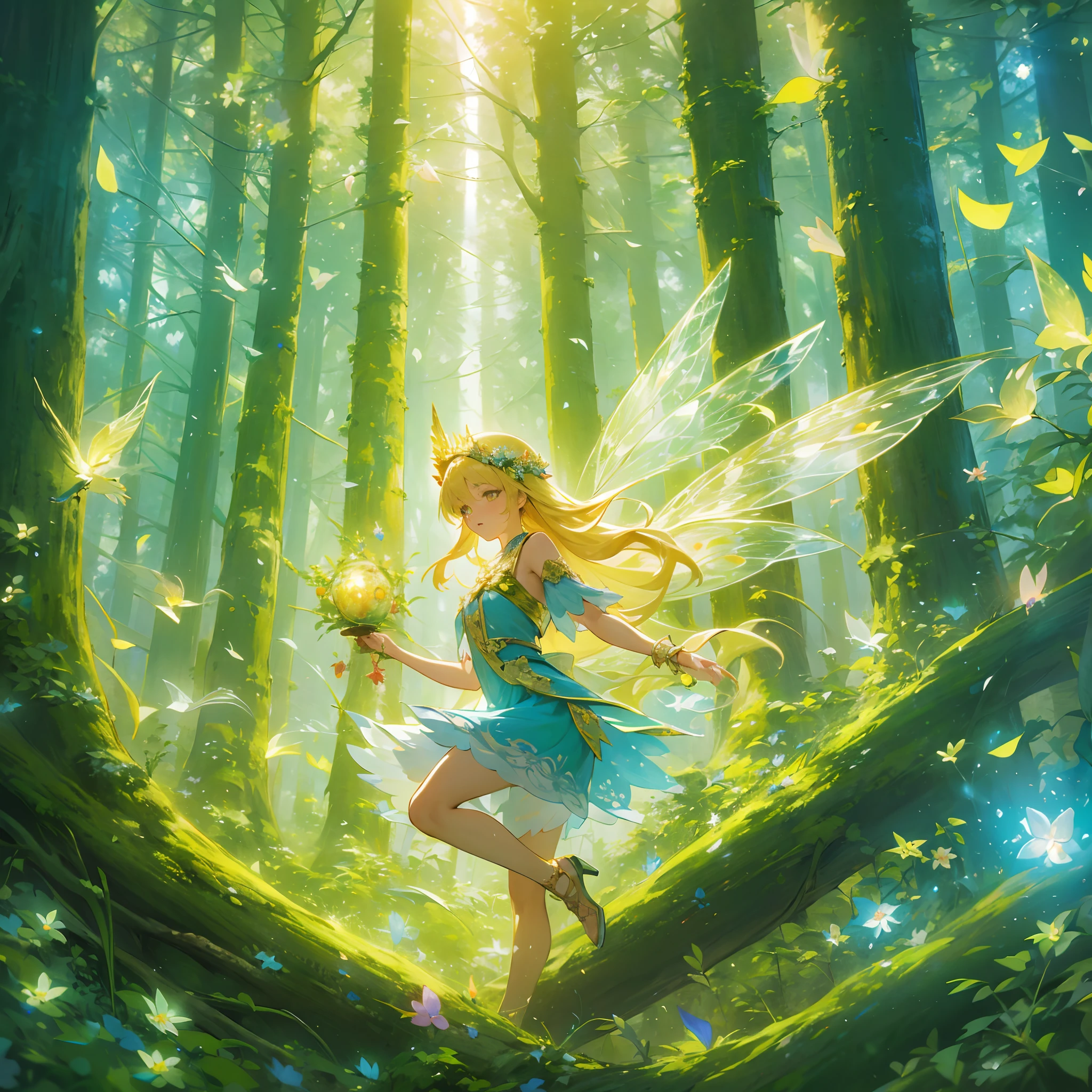 Japanimation, eroge, Incredibly hyper-detailed and intricately realistic, Perfect, Cover art, zoomout, hyper detailed painting, luminism, with an intricate, 4k resolution concept art portrait, extremely high level illustration, 16k, extremely high level illustration, absurd resolution, absurd detailed, soft and warm lighting, (((masterpiece))), best quality, extremely detailed, fantasy lighting, beautiful detailed glow, perspective, depth of field, proportion, blurry background, bokeh, sharp focus, depth and dimension, Fantasy scene, Fantasy composition, Fantasy lighting, an extremely beautiful detailed forest, Beautiful, floating hair, light particles, sparkling eyes, diffraction spikes, cinematic composition, delicate composition, dynamic angle, perfect anatomy, blond hair, long hair, fairy, Illustration depicting spirits living in a magical forest. The spirits are beings that reside in trees and flowers and radiate colorful light, falling petals