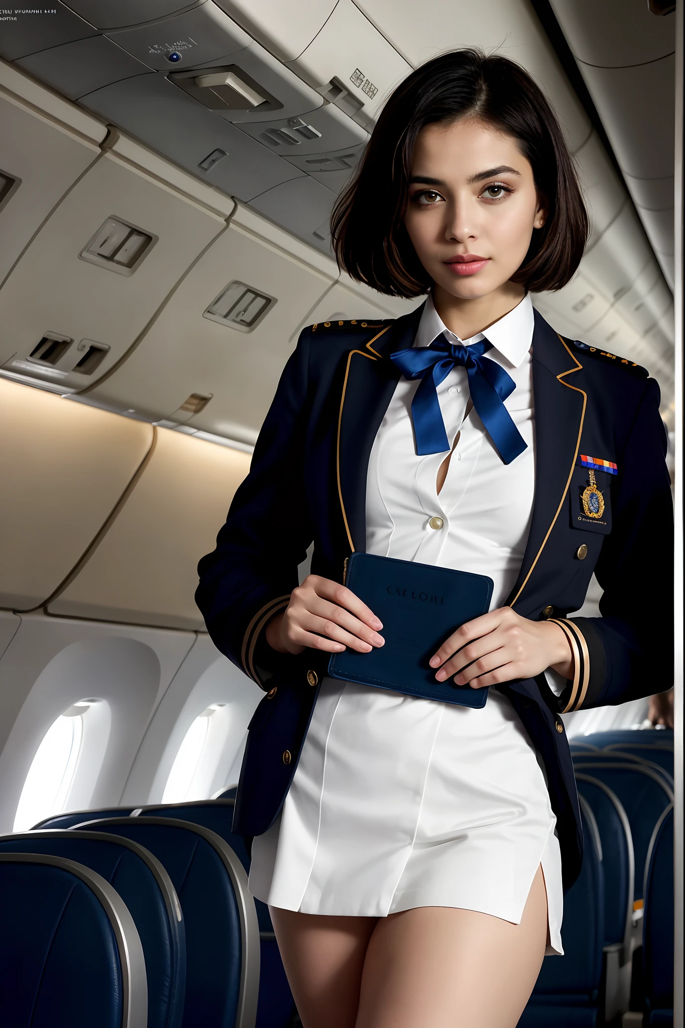 ((masterpiece, best quality)), beautiful 40-year-old Pakistani woman (Chloe Grace Moretz:Milla Jovovich:0.5), (brown- black hair, bob hairstyle, square face), (medium breasts), (curvy, muscular body), (natural skin), legs, (plunging stewardess uniform:1.3), (seductive expression:1.2), jewelry, standing, various poses, empty passenger plane cabin background, (UHD, 8K wallpaper, High resolution), Cinematic lighting, physically-based rendering, award-winning, extremely detailed skin, extra detailed face, high detail eyes, Carl Zeiss 85 mm F/1.4, by Ellen von Unwerth