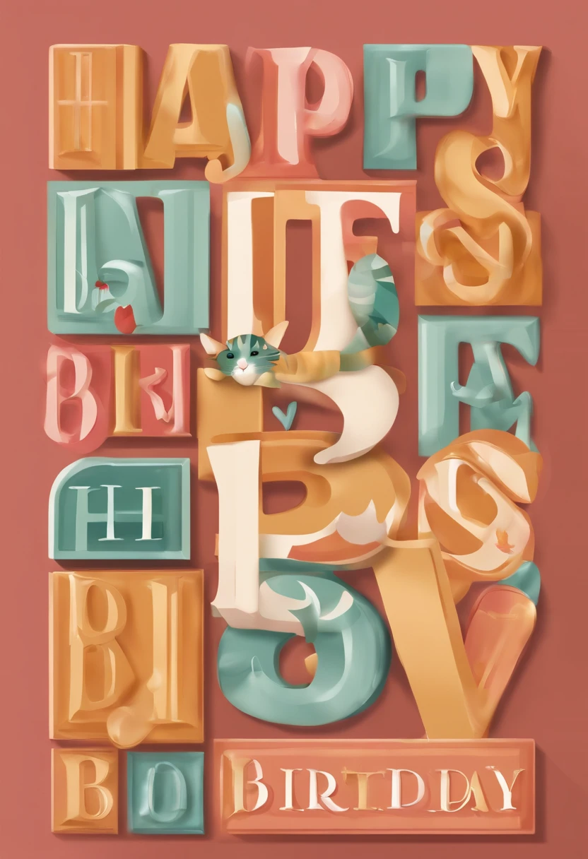 Design a Happy Birthday picture with cat letters. Please have a cute cat represent each letter and keep the color palette bright and cheerful. There should be a feeling of happiness and celebration throughout the composition. I expect a fun design that attracts attention with its details.