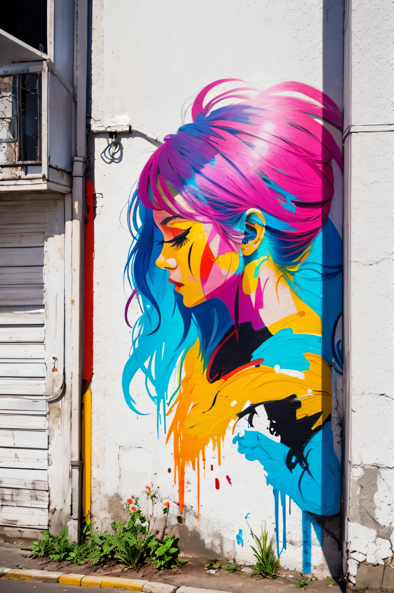 1 woman, painting, wall graffity, colorful