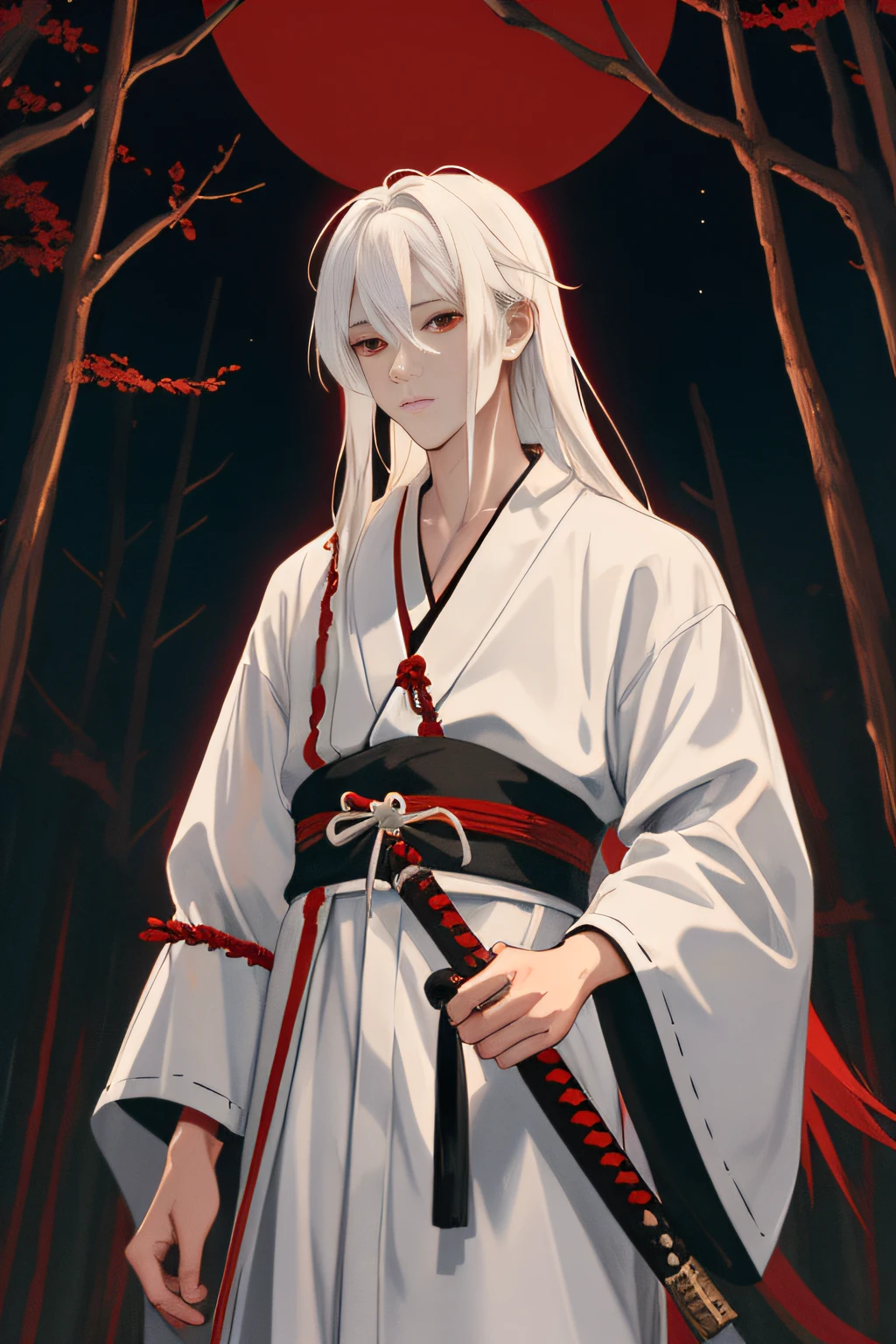 NSFW,tmasterpiece,Need,Faraway view,Samurai long sword in the dark forest,Full of horror 1 boy,whaite hair,long whitr hair,red - eyed,Dressed in delicate white clothing