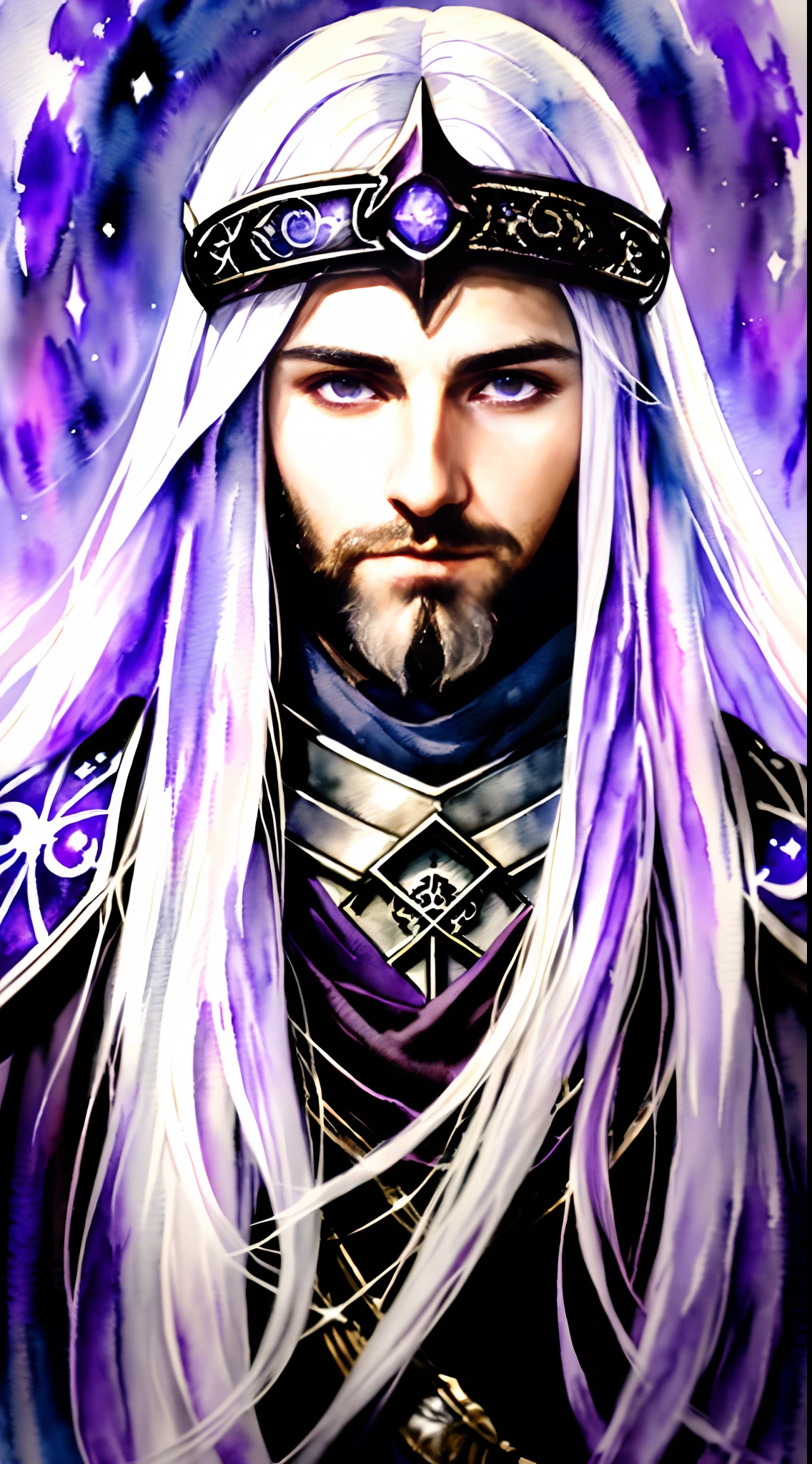 young man appearing to be in his 30s, long straight white hair, purple eyes, fantasy rpg style, symmetrical, portrait, closeup, watercolor painting style, epic, emperor of humanity, god, infinity symbol in medieval clothing, bearded, ultra realistic, ar 2:3