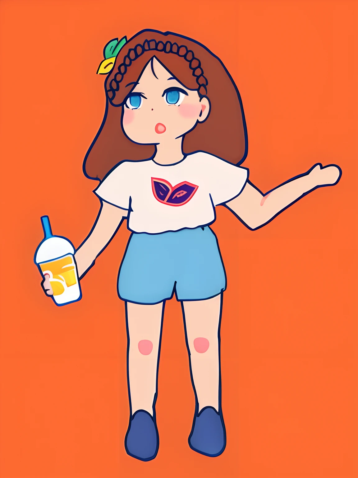 Chica de dibujos animados con un vaso de agua y una botella de agua, soda themed girl, Standing Girl, anime girl drinks energy drink, Sosteniendo una bebida, Chica Lofi, character is standing, single character full body, con una pajita, character is in her natural pose, full body character, full body single character, Girl with brown hair, Dibujo de personaje de cuerpo completo, Pose varia