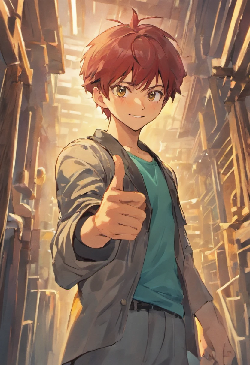 Anime-style, smiling Japanese man, handsome, carpenter, construction worker, full-body shot, making a "thumbs up" gesture with one hand and carrying a hammer on his shoulder with the other.