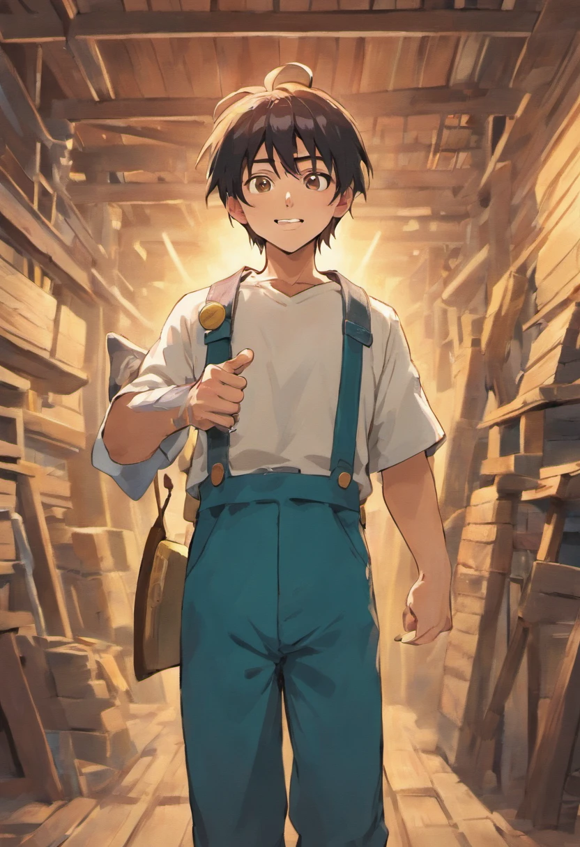 Anime-style, smiling Japanese man, handsome, carpenter, construction worker, full-body shot, making a "thumbs up" gesture with one hand and carrying a hammer on his shoulder with the other.