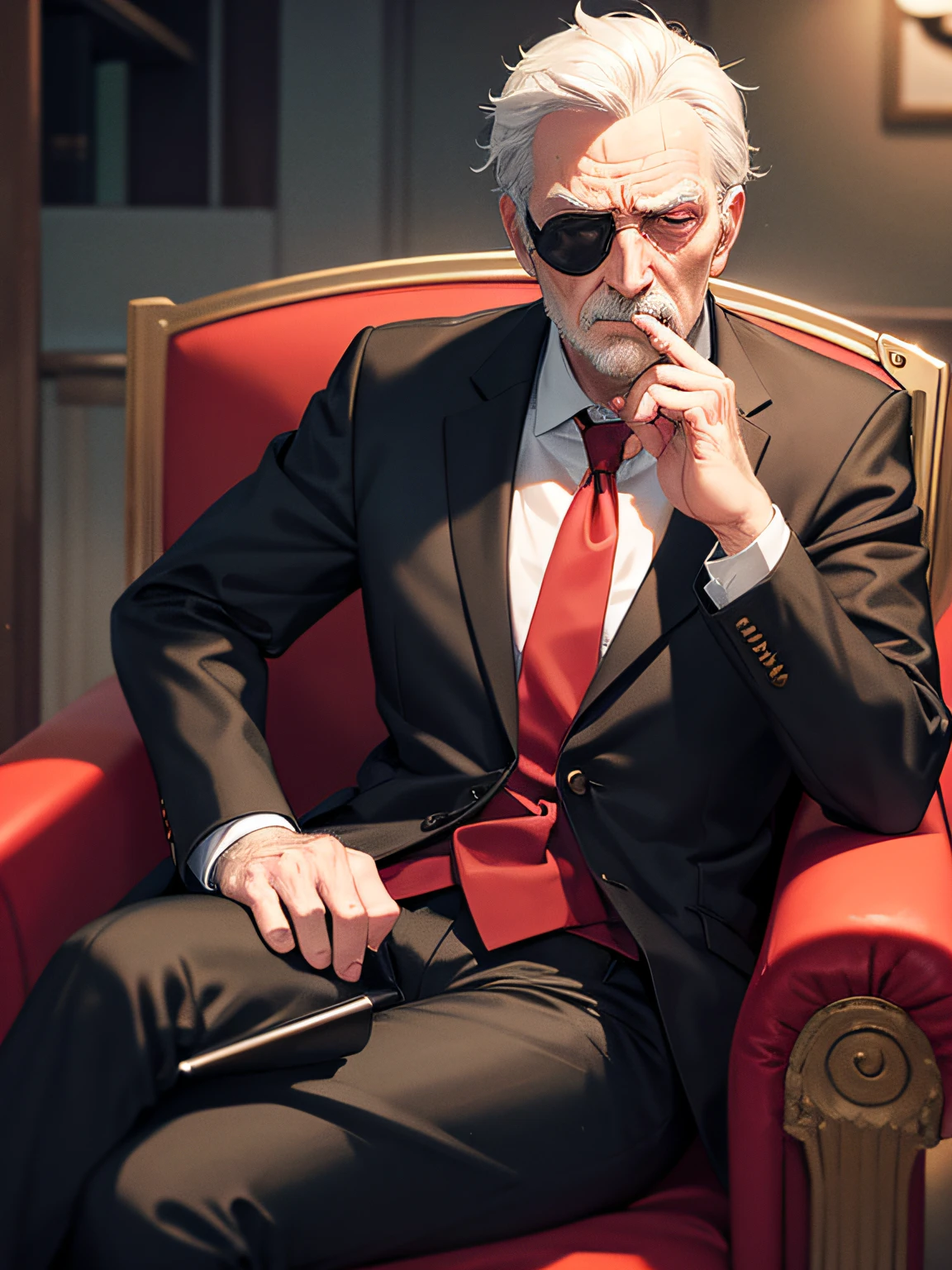Disgruntled old man with an eyepatch covering his left eye, his right eye is bright red, he is wearing a black suit with a red shirt and tie, sitting in a red chair, the room is dark and smoke is everywhere from the cigar he is smoking. He is sitting down with his hands together contemplating. high res, ultrasharp, 8k, fantasy