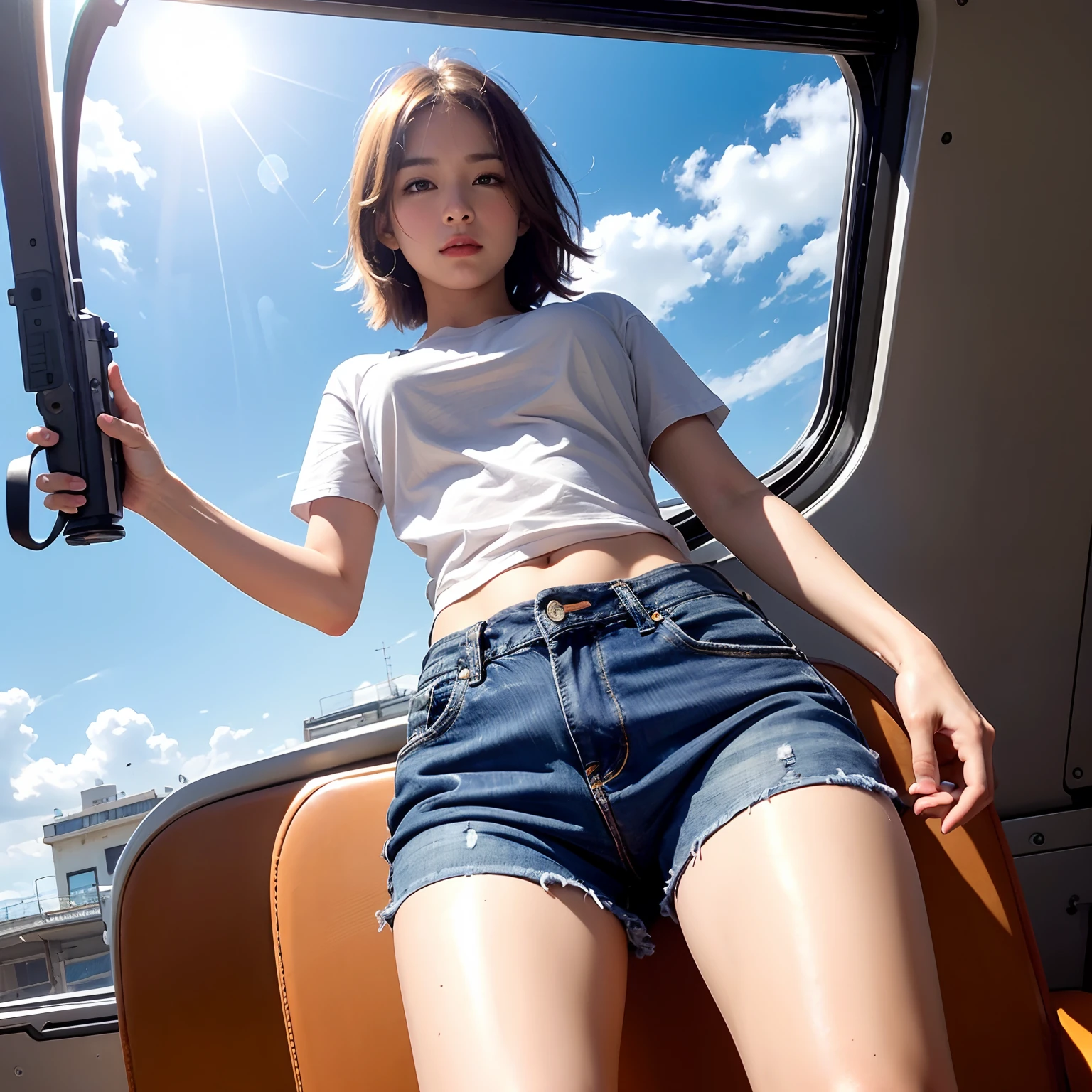 (shoot from below:1.5), Front angle, (from below :1.4), (crotch focus:1.2), (low angle:1.2), top-quality, masterpiece, high-detail,Photonic style,16k picture quality, perfect hand, beautiful a girl, red blush, short-hair, Light brown beautiful hair, plump big breasts, Constricted waist, White short sleeve T-shirt, Denim shorts, Navel Ejection, Sitting in a long seat by the window of a train, View here, Looking at the camera, Bright sunshine, suns,