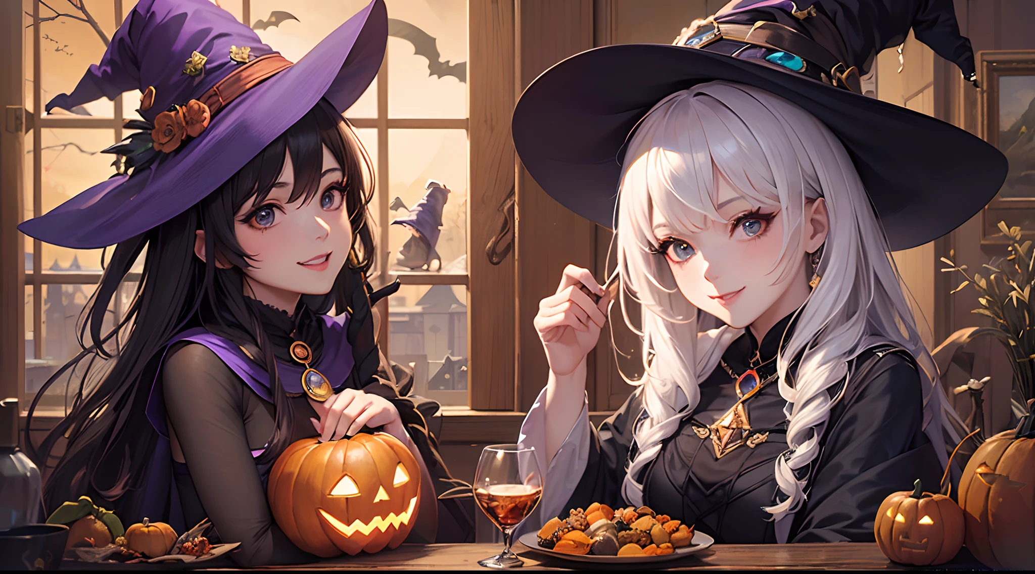 (Finest quality)),(超A high resolution),(ultra-detailliert),(Meticulous portrayal),((best pictures)),(Finest works of art),Ultra-Precision Art,The art of astounding depiction, Fantasyart:1.5,Halloween, (Woman in witch cosplay:1.5),a smile, Pumpkin carriage