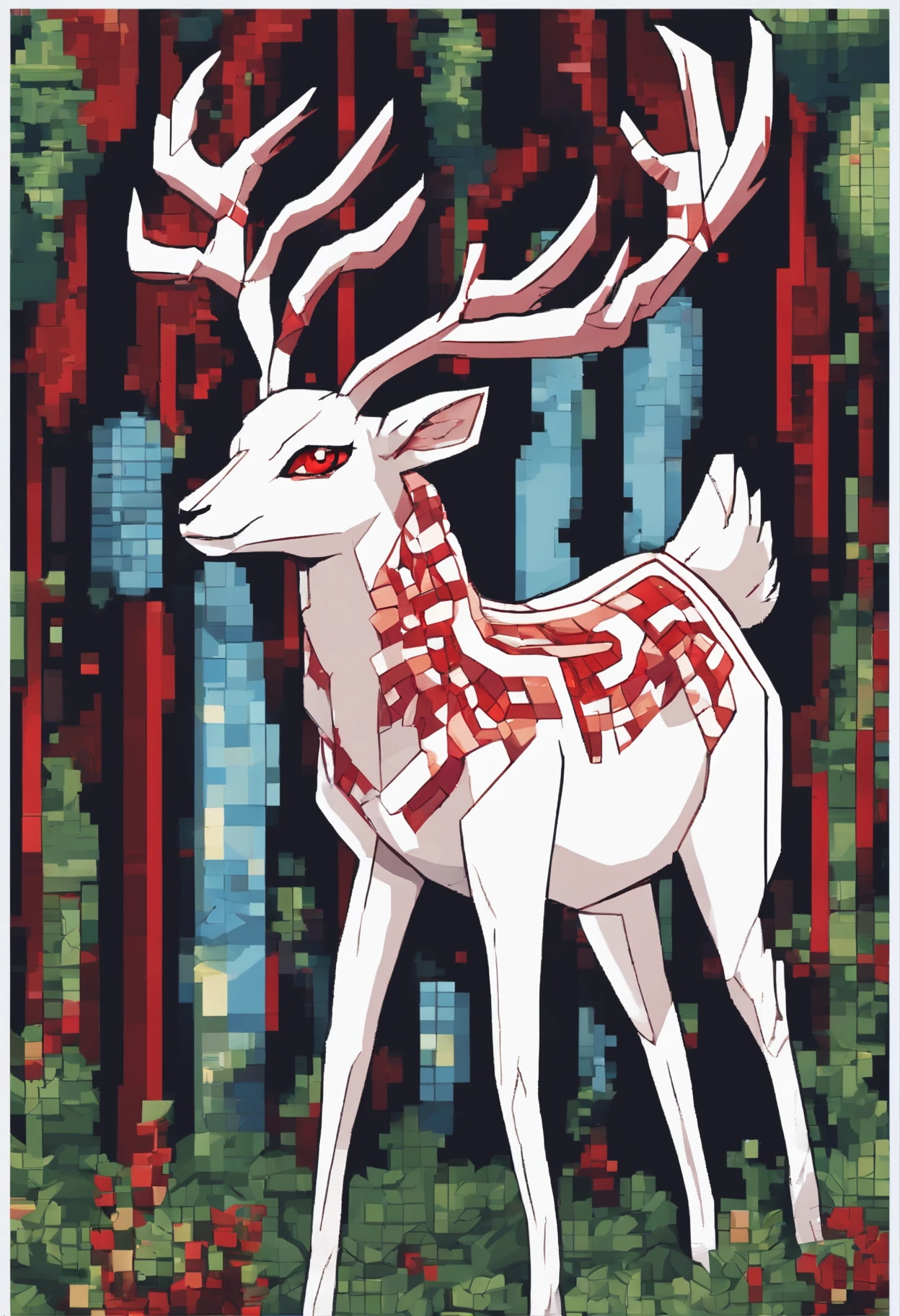 a detailed anime drawing of a huge calm ((white)) male deer resembling the ((pokemon xerneas)) with ((deep red eyes)) that gives off a dangerous aura with large dangerous antlers laying down while looking at the camera