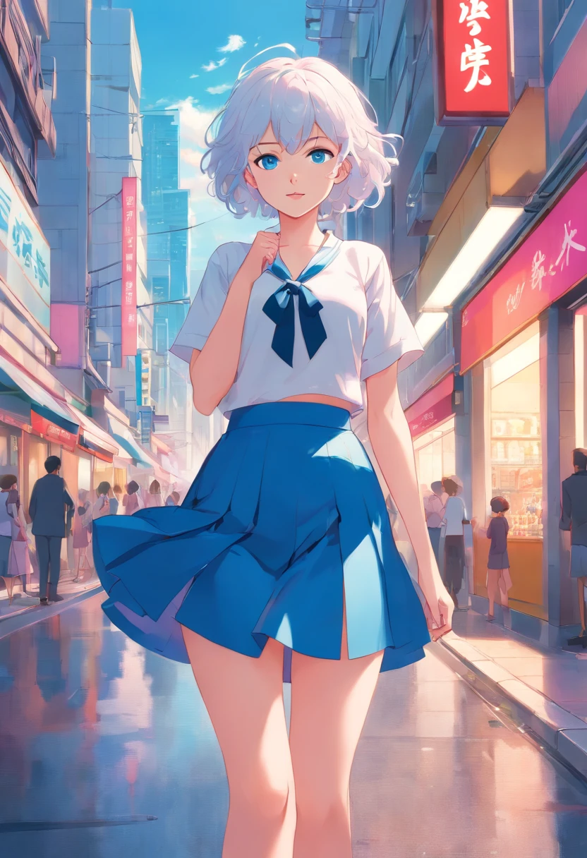 beautiful girl, veela, slim, short, blue eyes, white curly hair, pink lips, fair skin, blue skirt, stylish modern clothes, silver sandals, city, city street, anime