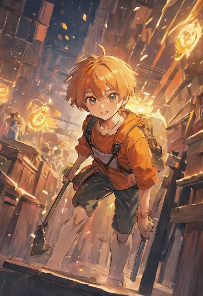 Please put the following in English。

Anime style、Smiling Japan、twinks、Carpenter、Architects、Full body like、Good pose with one hand、Carrying a giant hammer on his shoulder with his other hand、