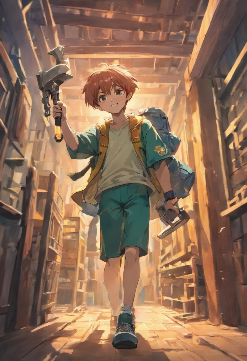Please put the following in English。

Anime style、Smiling Japan、twinks、Carpenter、Architects、Full body like、Good pose with one hand、Carrying a giant hammer on his shoulder with his other hand、