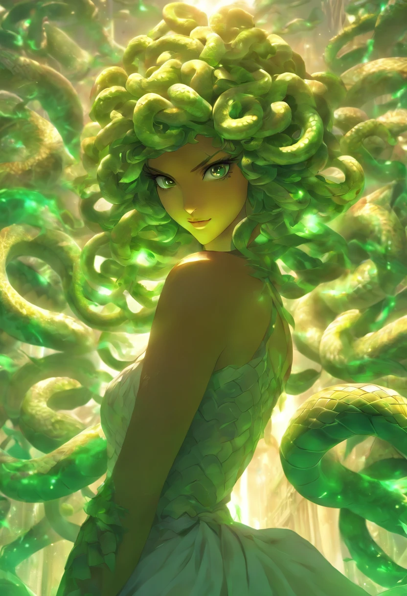 medusa, woman, snake hair, full body, looking forward, eyes, face forward, white dress, greece, realistic, best quality, 8k --auto --s2