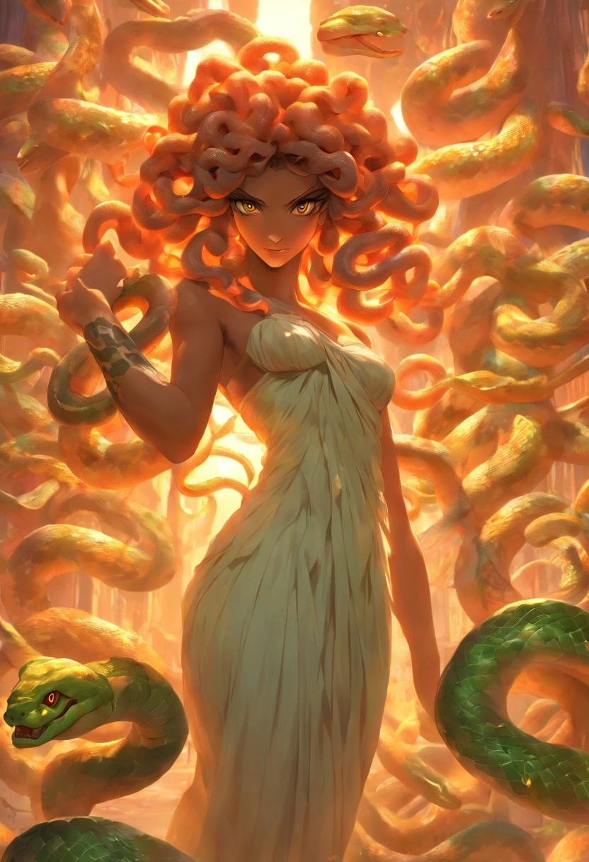 medusa, woman, snake hair, full body, looking forward, eyes, face forward, white dress, greece, realistic, best quality, 8k --auto --s2