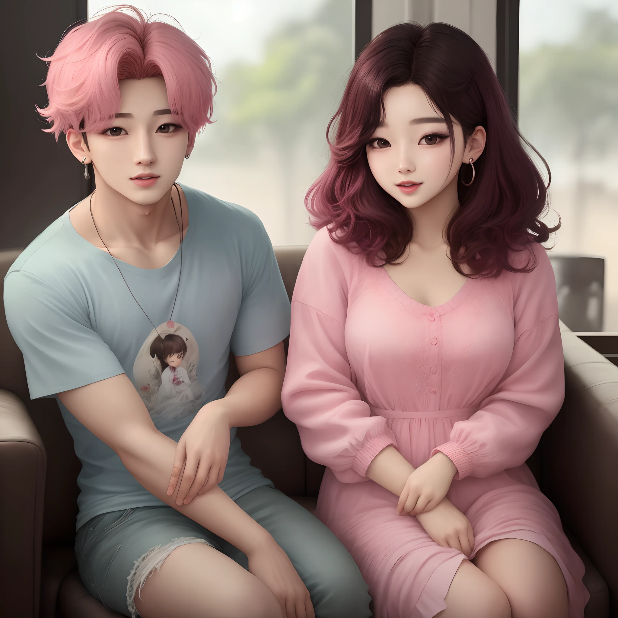 Jungkook com uma menina de cabelo rosa
