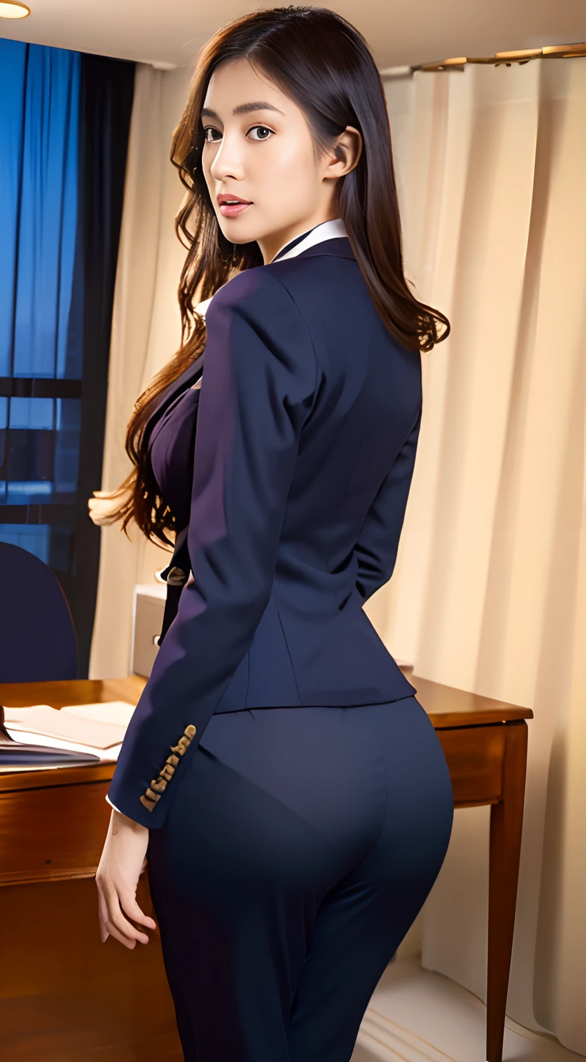 Best quality, masterpiece, ultra high res, (photorealistic:1.4), raw photo, 1girl, ((formal office suit, trouser)), ((thick thigh, protruding ass, perfect proportion)), ass emphasized, long flowing pant, hotel background, satin, flowing pyjamas