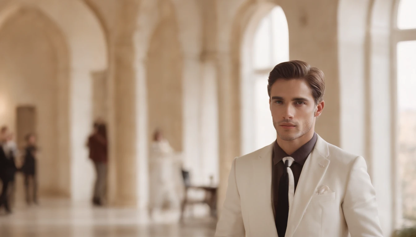 Lombardo. Un estudiante hombre de universidad que atiende a una clase en una aula elegante y moderna. The scene is bathed in soft light, fuzzy lighting, Creating an intimate and attractive atmosphere. Predomina el color blanco y contrasta con el atuendo de tonos oscuros y rojos vibrantes de Lombardo. Lombardo is dressed in an everyday but sophisticated suit, Focuses only on Lombardo with a diffuse window behind. La imagen se renderiza en un pulido, High-resolution style, Capture every detail and expression. Stage design is minimalist yet elegant, with a backdrop, That complements the mood of the class.. Lombardo's expression is focused and attentive, mientras transcurre la materia. The mood is captivating and intellectually stimulating, Lombardo muestra humildad y gentileza para cautivar a la audiencia.