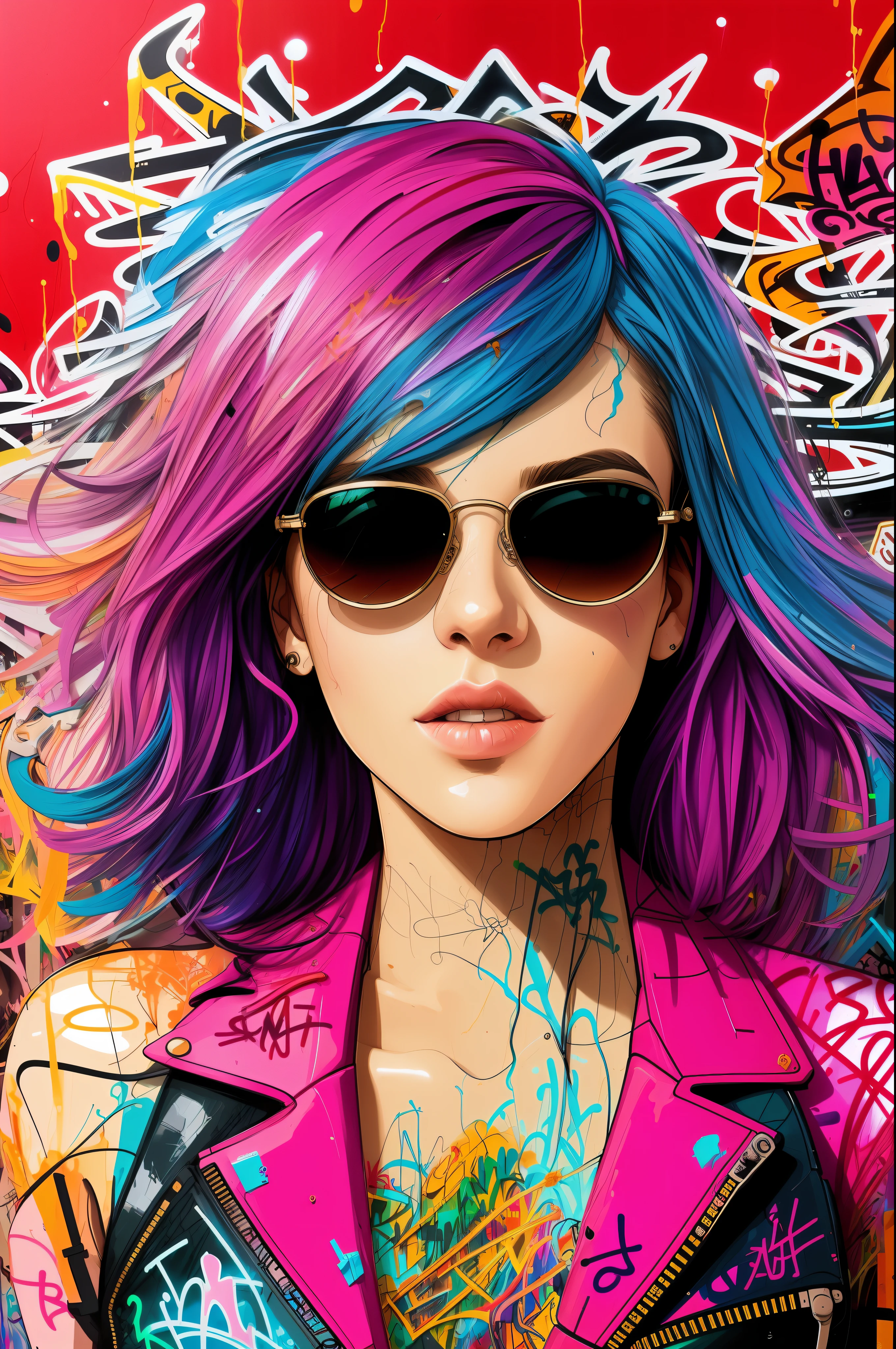 close up, full color painting of squatting cyberpunk girl, sunglasses, high heel shoes, perfect hourglass figure, perfect perky tits, (((Graffiti art) (by Carne Griffiths))), red wall background, insane details, intricate details, hyperdetailed, low contrast, soft cinematic light, dim colors, exposure blend, hdr, front