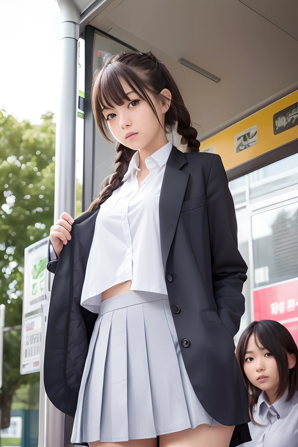 Knee up, masutepiece, Best Quality, Bus Stop 3 Girls,(5 people standing:1.2),Standing,age, Looking at Viewer,l Group shot, harems,nffsw,Retro white underwear, (pantiy),Realistic,School uniform,(Gray blazer and white shirt) ,(Grey pleated skirt),Blue Ribbon ,(Looking back, ass grab:0.9),(Beautiful eyes:1.3),frombelow,From below,Kinney,(skinny:1.2) ,thick thighs, Long body, novel illustration,(Smelly eyes:0.5),closed curtains,(shirts lift,lifted by self:1.5) ,Dark Persona.Skirt lift front,(Panties:1.3)、Highkick、Braids
