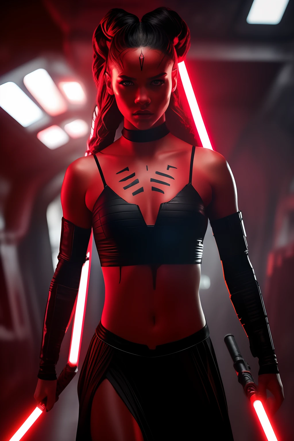 A girl, Sith Lord, red skin, fit body, sexy body, holding one red light saber in her hand, wearing a black crop top with a hood, underboob, black skirt, darth talon:0.8, at the starship, Star Wars, j j abrams, photorealistic, sharp focus, depth of field, vogue magazine, fashion photo, cinematic lighting, rim light, cozy:1.2, neon