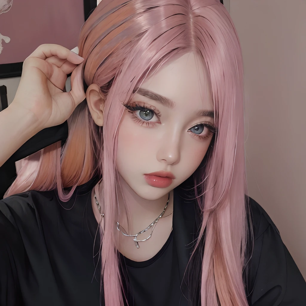 masterpiece, best quality,realistic,absurdres,1girl,looking at viewer,long hair,egirl_outfit,egirl_face, night, pink hair, bedroom, face detail, face retouch, downblouse