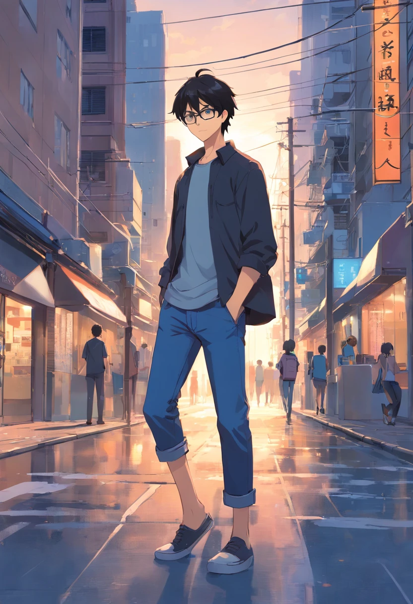 The guy is very tall, thin, glasses with clear lenses, dark black hair, blue-gray eyes, blue jeans, gray and black shirt, trendy clothes, earphones, A book in your hands, Background: City Street, evening