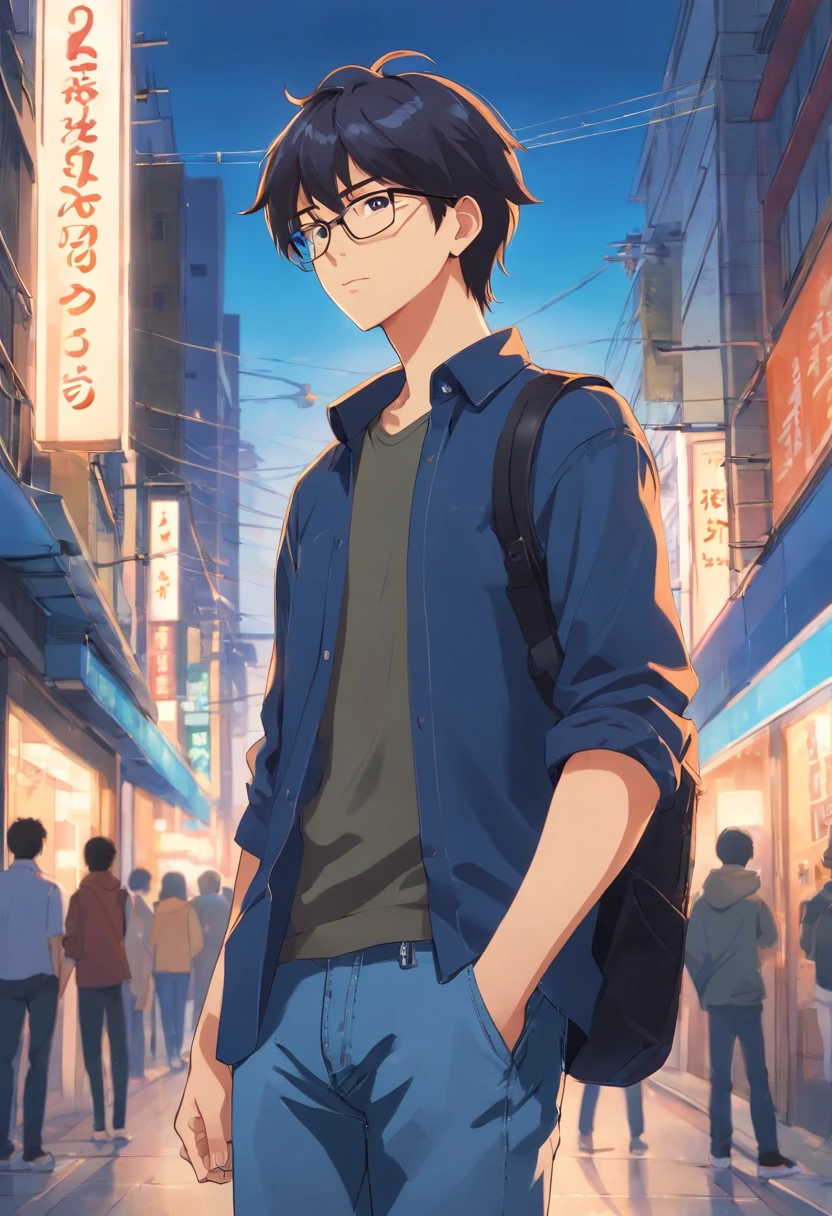 The guy is very tall, thin, glasses with clear lenses, dark black hair, blue-gray eyes, blue jeans, gray and black shirt, trendy clothes, earphones, A book in your hands, Background: City Street, evening