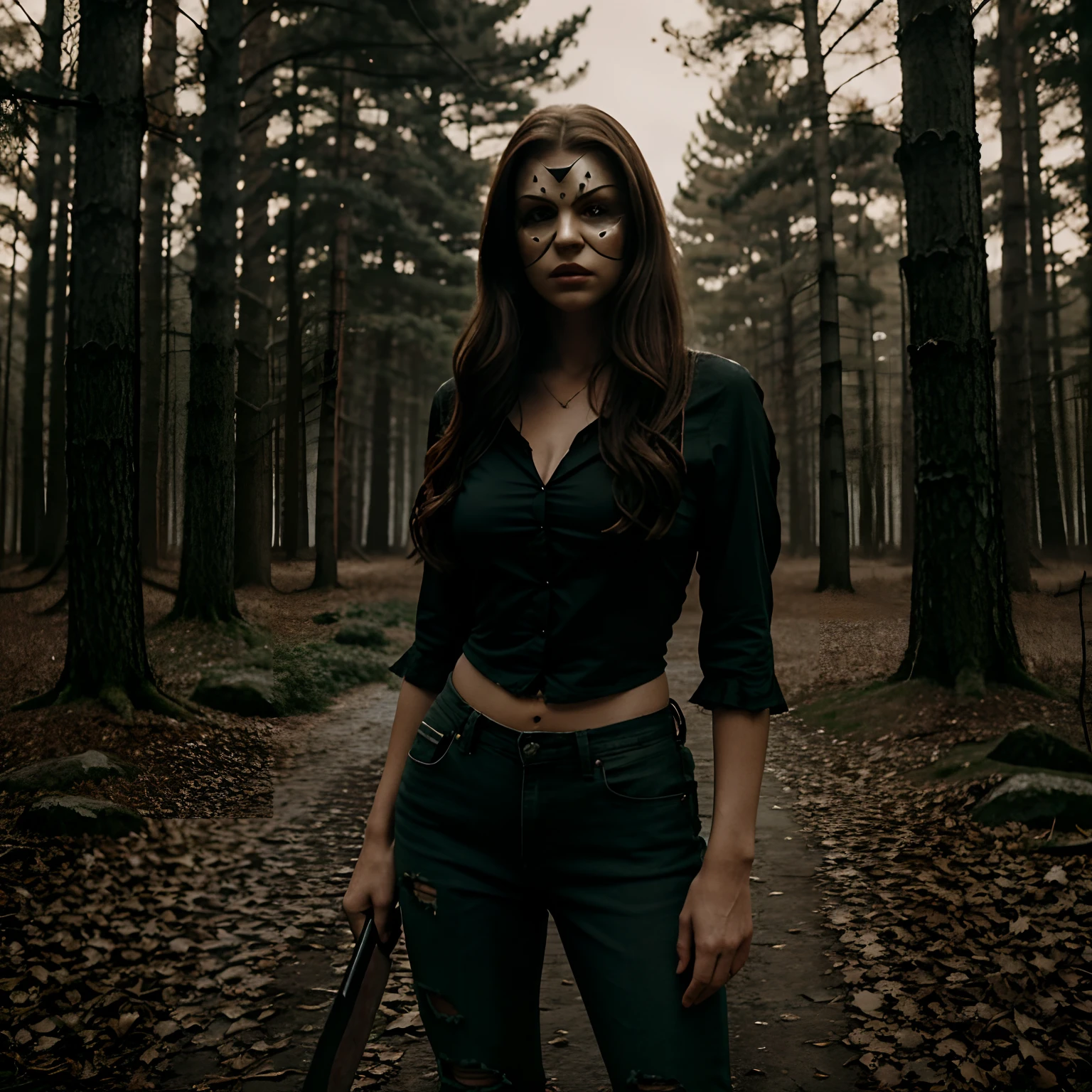 Generate a full-body photograph of Autumn, the stunning brunette influencer, dressed in a captivating and detailed costume inspired by the iconic character, Jason Voorhies, from the 'Friday the 13th' film series. Autumn should appear in her mid-20s, standing approximately 5'4" tall, with her long, wavy chestnut hair cascading gracefully on her shoulders. Her athletic hourglass figure should be accentuated by the costume. Autumn should be adorned in a meticulous and hyper-realistic recreation of Jason Voorhies' infamous outfit. This includes a worn and tattered dark-green flannel shirt with ragged sleeves, reminiscent of Jason's signature look. She should also wear a ripped pair of jeans, strategically torn to resemble the character's attire. Jason's iconic hockey mask, in pristine condition, should be held menacingly in one hand and a bloody machete in the other hand, adding an eerie touch to the visual. The backdrop should be an atmospheric setting reminiscent of the 'Friday the 13th' franchise. It should feature an eerie forest scene with looming trees, dense foliage, and a sense of foreboding darkness. The environment should be lit by moonlight, casting subtle, chilling shadows. Autumn's poses should reflect the eerie and suspenseful nature of the character she portrays. She can stand confidently with one foot slightly forward, menacingly holding the machete in her hand while maintaining a chilling, intense look.Intense look and makeup, symmetrical eyes, symmetrical face, photorealistic, photography, path tracing, specular lighting, volumetric face light, path traced hair, visible shadows, intricate, elaborate, hyper-realistic.