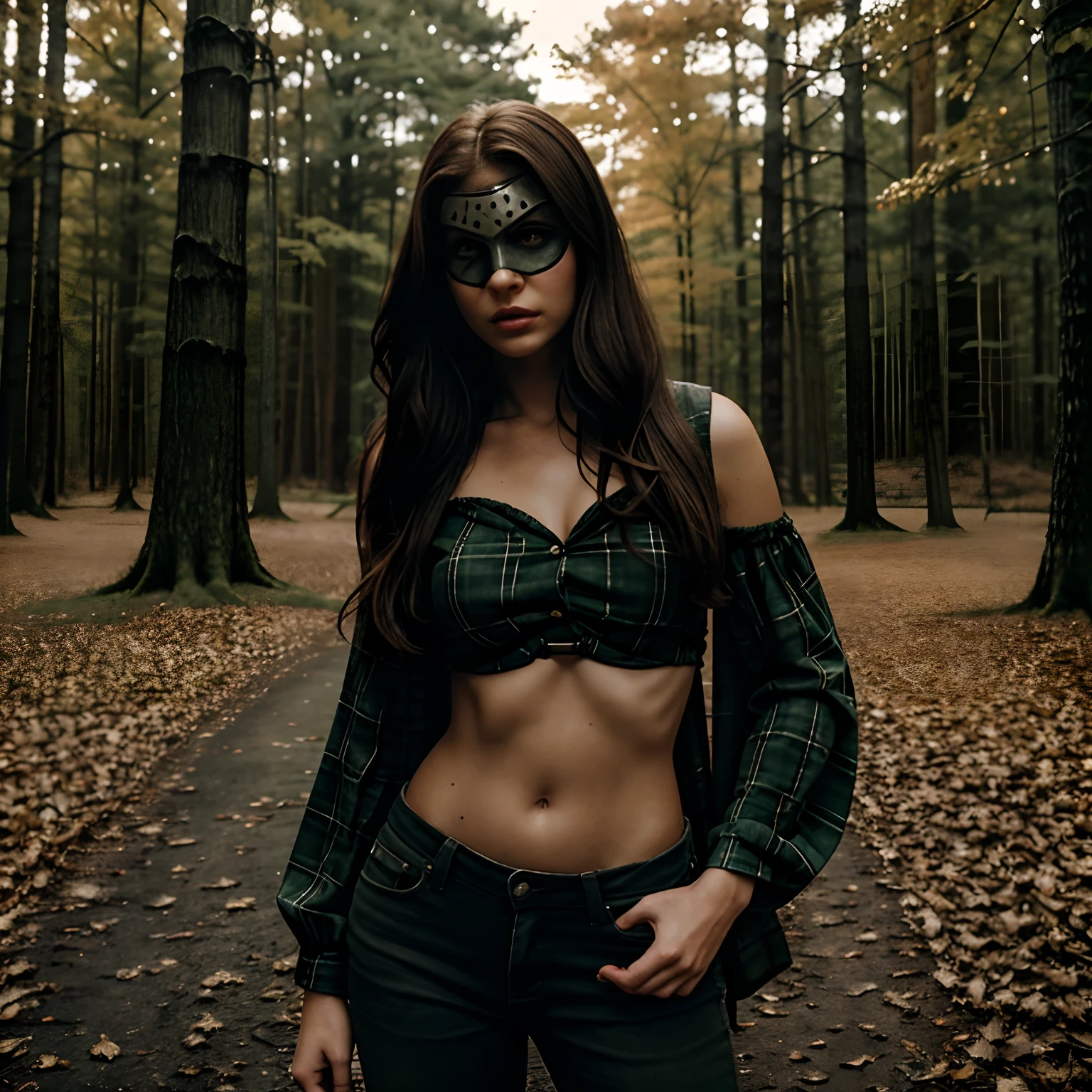 Generate a full-body photograph of Autumn, the stunning brunette influencer, dressed in a captivating and detailed costume inspired by the iconic character, Jason Voorhies, from the 'Friday the 13th' film series. Autumn should appear in her mid-20s, standing approximately 5'4" tall, with her long, wavy chestnut hair cascading gracefully on her shoulders. Her athletic hourglass figure should be accentuated by the costume. Autumn should be adorned in a meticulous and hyper-realistic recreation of Jason Voorhies' infamous outfit. This includes a worn and tattered dark-green flannel shirt with ragged sleeves, reminiscent of Jason's signature look. She should also wear a ripped pair of jeans, strategically torn to resemble the character's attire. Jason's iconic hockey mask, in pristine condition, should be held menacingly in one hand and a bloody machete in the other hand, adding an eerie touch to the visual. The backdrop should be an atmospheric setting reminiscent of the 'Friday the 13th' franchise. It should feature an eerie forest scene with looming trees, dense foliage, and a sense of foreboding darkness. The environment should be lit by moonlight, casting subtle, chilling shadows. Autumn's poses should reflect the eerie and suspenseful nature of the character she portrays. She can stand confidently with one foot slightly forward, menacingly holding the machete in her hand while maintaining a chilling, intense look.Intense look and makeup, symmetrical eyes, symmetrical face, photorealistic, photography, path tracing, specular lighting, volumetric face light, path traced hair, visible shadows, intricate, elaborate, hyper-realistic.