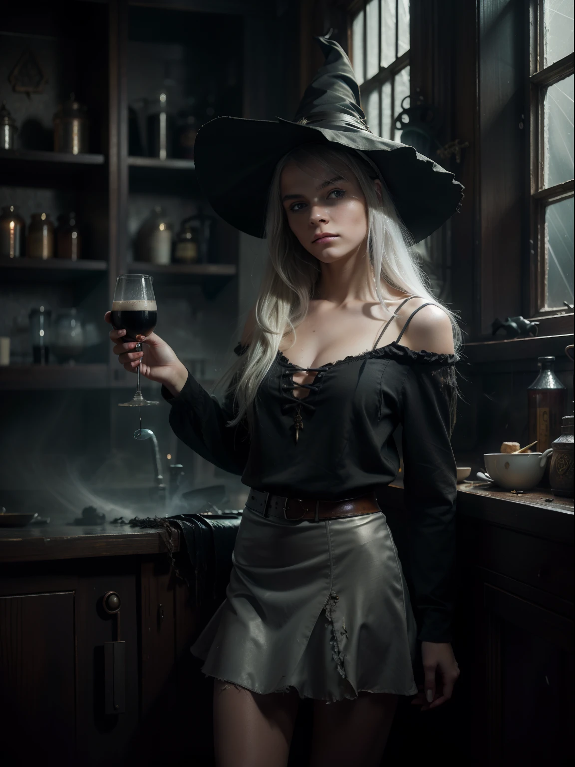 (masterpiece), (best quality), photorealism, realistic, ultra detailed, 8k resolution, (1girl), solo, beautiful age girl, long wild messy white hair, witch, short tatty and torn grey skirt, front light, cinematic light, cold light, dark background, witch hat, old dusty indoors, mystery, potion mixing, fantasy, black cat, thigh up shot