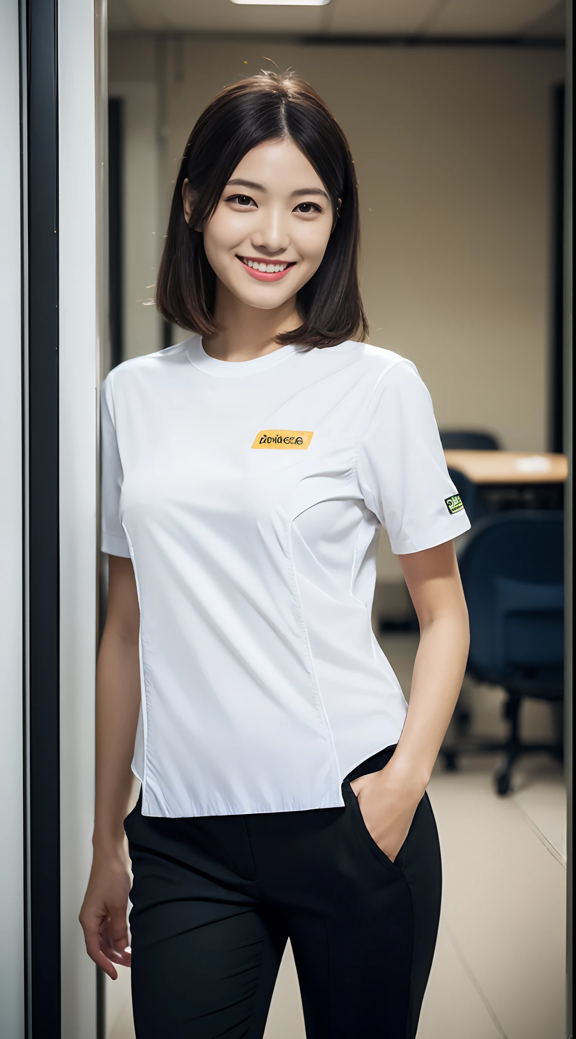 masutepiece, Best Quality, 超A high resolution,(photographrealistic:1.4) (depth of fields),(Lens Glow) , jaket:1.5、Inside the office:1.5、a Pretty Japanese woman1a person:1.5、(Workwear Pants:1.5)、turned around、(White short sleeve workwear:1.5)、posterior view:1.3、Shy smile、
