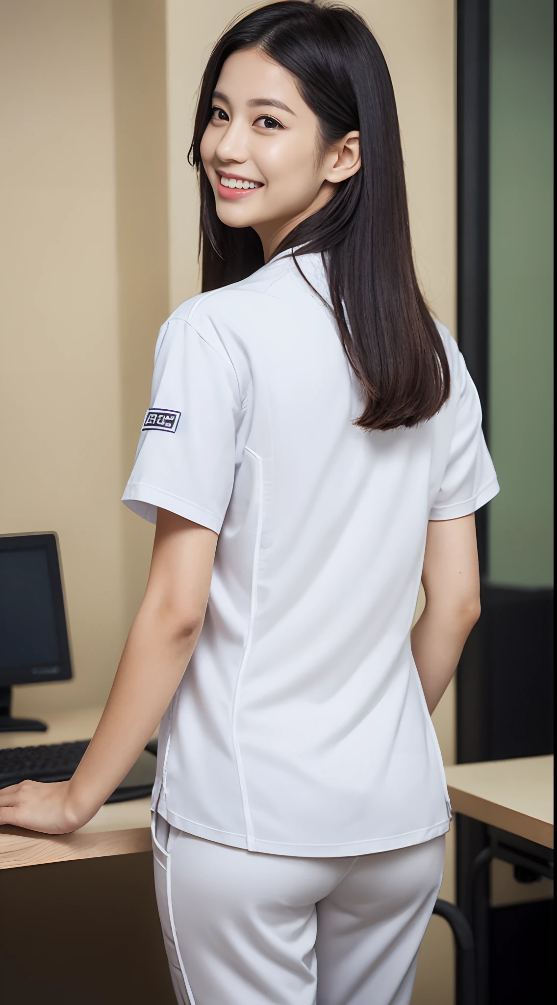 masutepiece, Best Quality, 超A high resolution,(photographrealistic:1.4) (depth of fields),(Lens Glow) , jaket:1.5、Inside the office:1.5、a Pretty Japanese woman１a person:1.5、(Workwear Pants:1.5)、turned around、(White workwear:1.5)、posterior view、