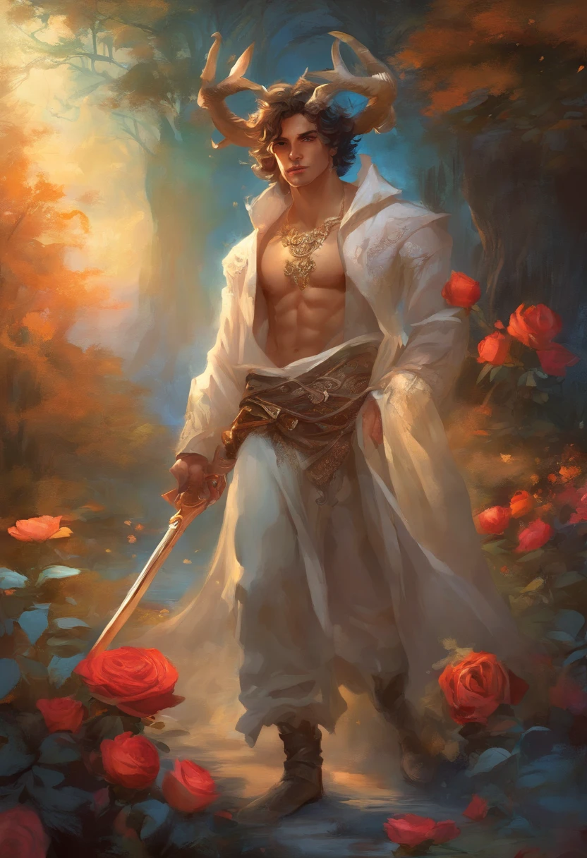 Boaz, Male, short hair with demon horns, wearing shaw-like top with roses and long pants with brown well worn shoes and gloves, colors are Pearl-Night-Blue and Jet Black, in a forest, masterpiece, best quality