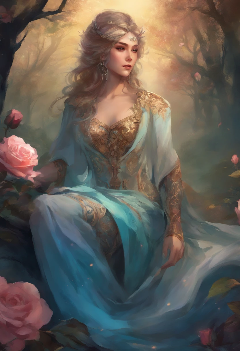 Boaz, Male, short hair with demon horns, wearing shaw-like top with roses and long pants with brown well worn shoes and gloves, colors are Pearl-Night-Blue and Jet Black, in a forest, masterpiece, best quality