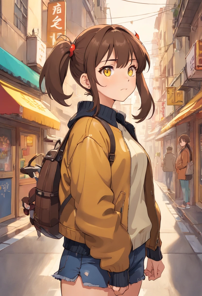 Cheeky girl, Strong girl, Industrial ear piercing, Long brown hair, yellow eyes, hairstyle two pigtails, beige sweater, leather jacket, black jeans, beige sneakers, trendy clothes, earphones, edged weapons, Background: City Street