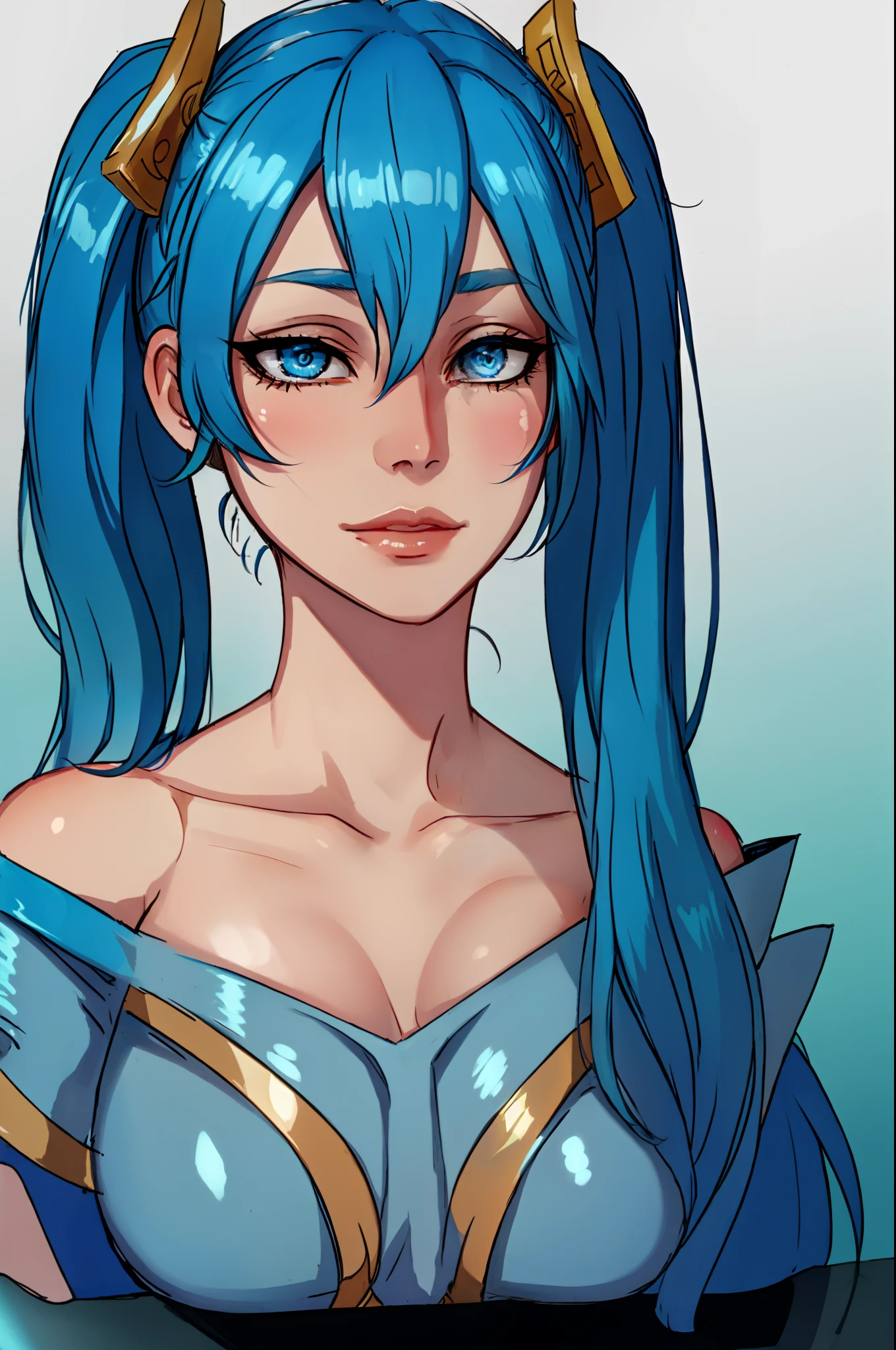 masterpiece, best quality, 1girl, Sona \(league of legends\), blue hair, blue eyes, gradient hair, collarbone, twintails, hair ornament, long hair, blue dress, breasts, close-up, portrait