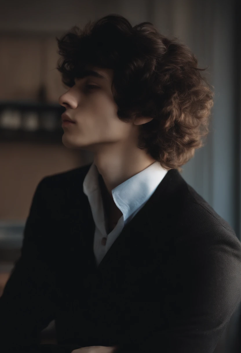 polaroid style, A white teenage boy, Fluffy hair, black hair, perfect face, emo, sleepy eyes, Perfect anatomy, black turtleneck, perfect hands. Perfect jawline.
