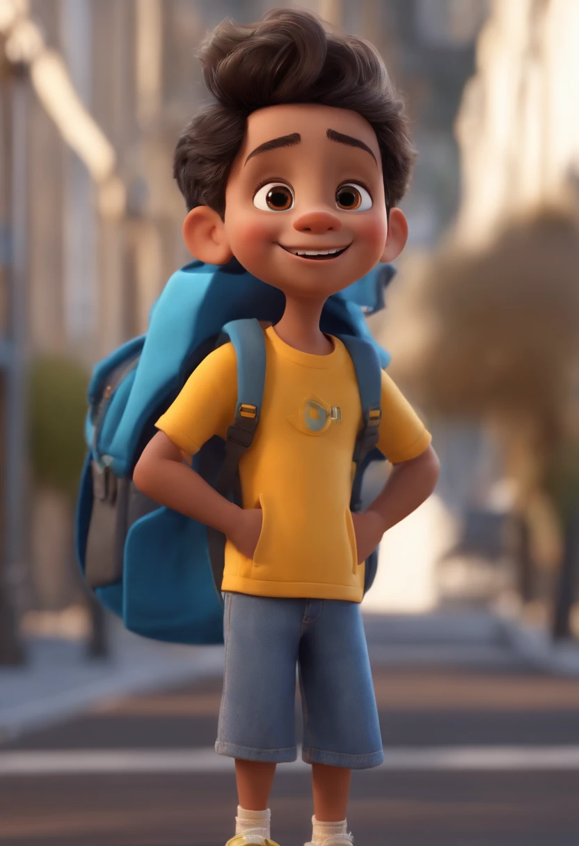 a handsome happy boy standing up blue hair goosebumps ,, vestindo preto , yellow eyes with watch on hand , correndo fundo branco  , barnet, , Estilo Pixar, ..3d, desenhos animados, rosto detalhado 8k