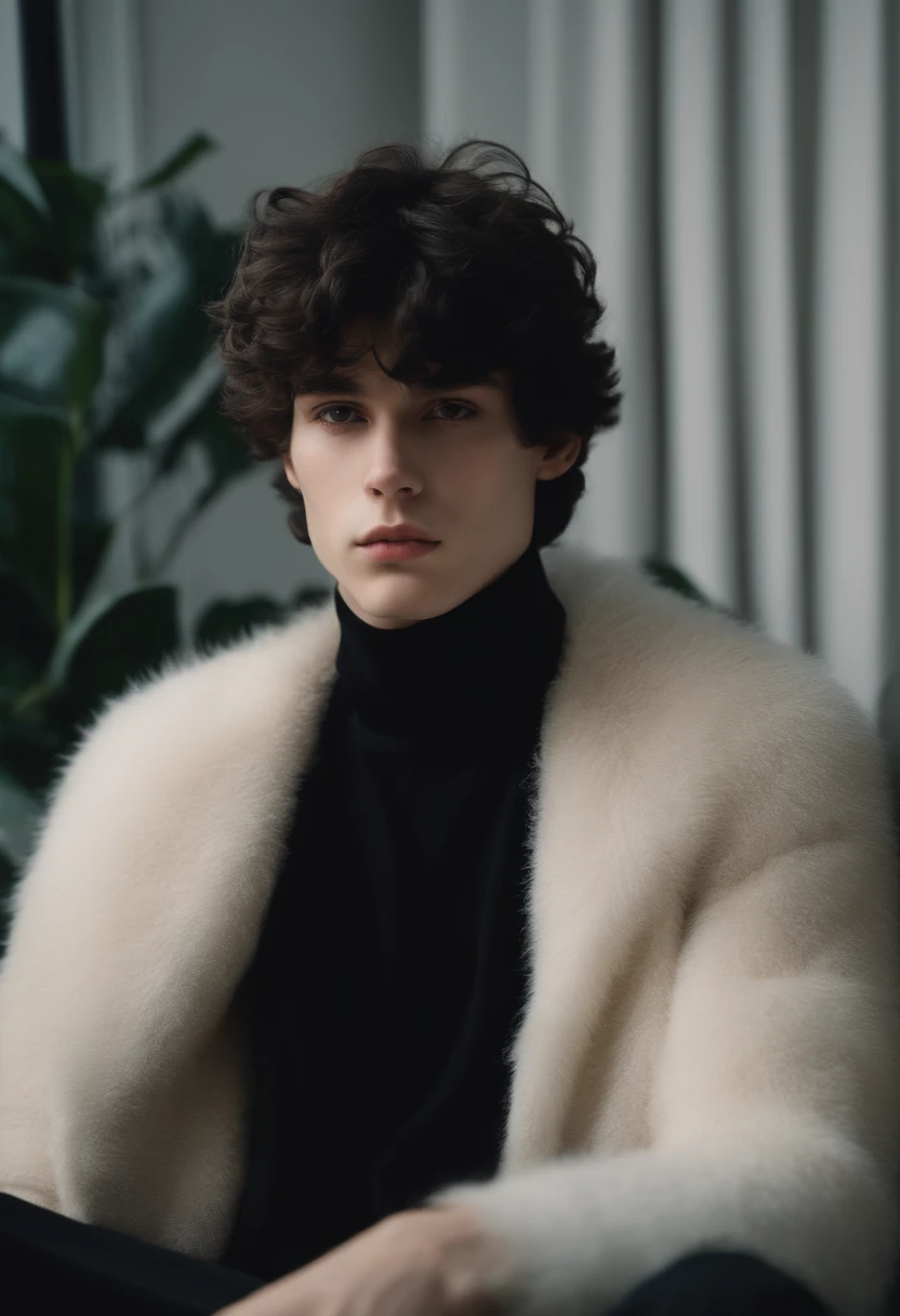 polaroid style, A white boy, Fluffy hair, black hair, perfect face, emo, sleepy eyes, Perfect anatomy, black turtleneck, perfect hands. Perfect jawline.