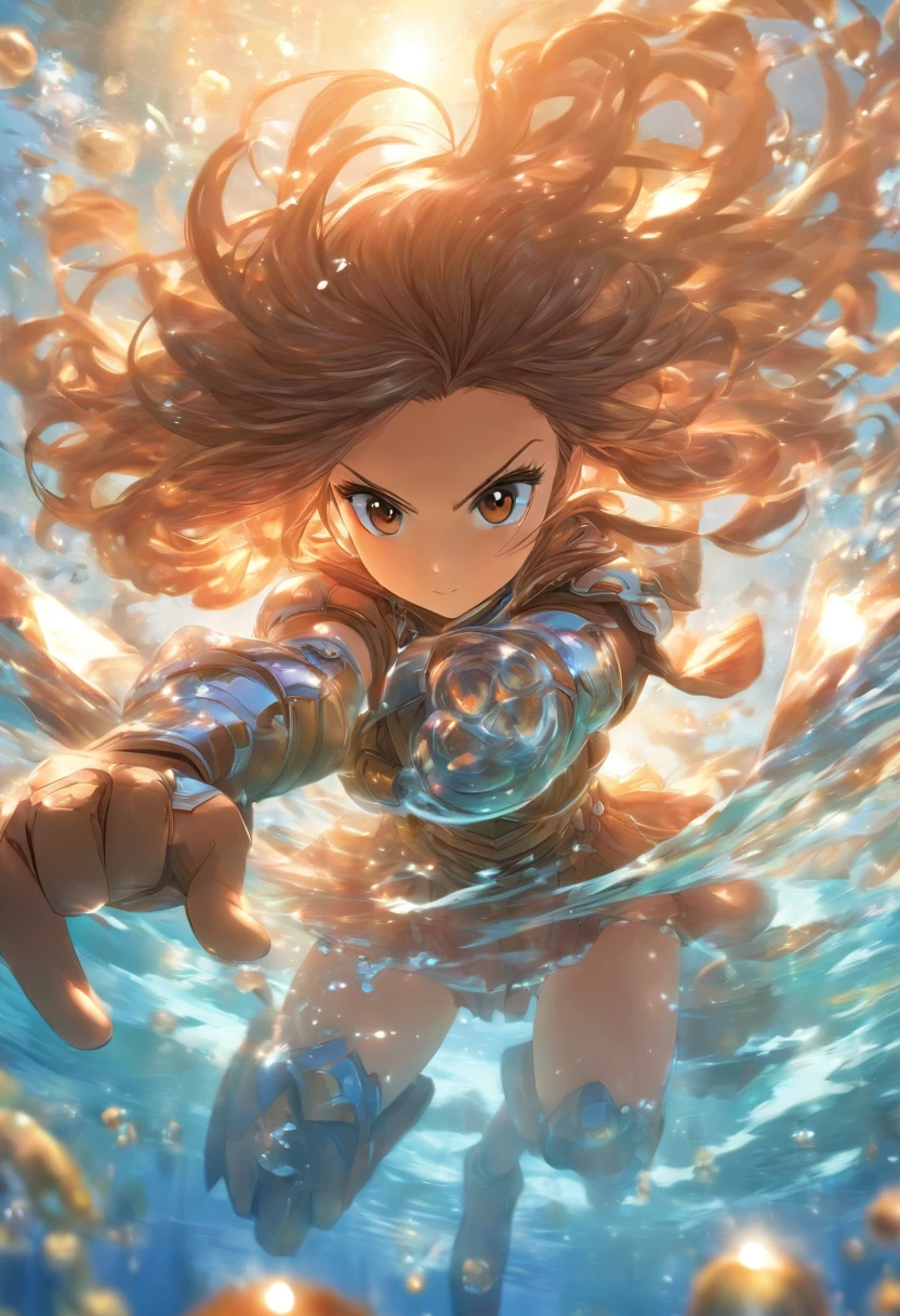 foreshortening, depth of fields, masutepiece, Best Quality, 1girl in, Brown hair, Brown eyes, Long hair, under the water, Air bubble, Solo, Looking at Viewer, Western Armor, Dappled sunlight,