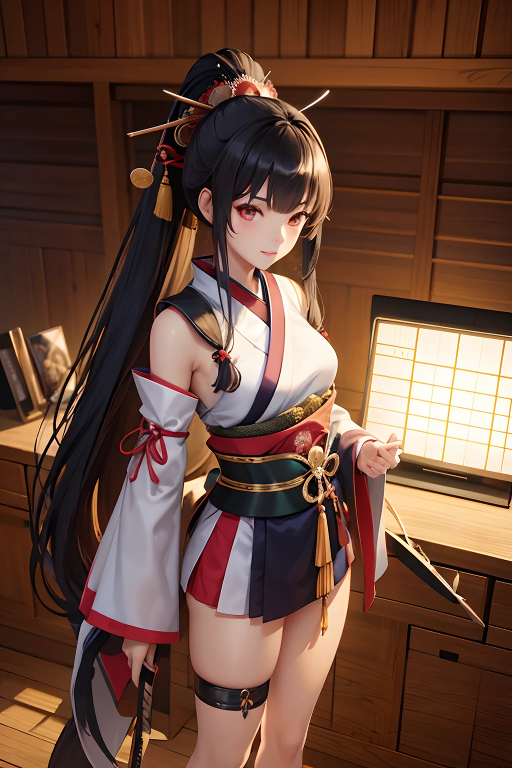 Beautiful female samurai of the Warring States period、Woman with semi-long hair、Samurai Pose、Knives、Standing、The appearance of the samurai、Computer Graphics Art、。.3D、hight resolution、top-quality、full body Esbian、8K Character Concept、32K、pixiv、illustratio、 ultra-detailliert、hyperdetailed face、Megapixel、 Ultra High Definition HDR、Clair、Overdecoration