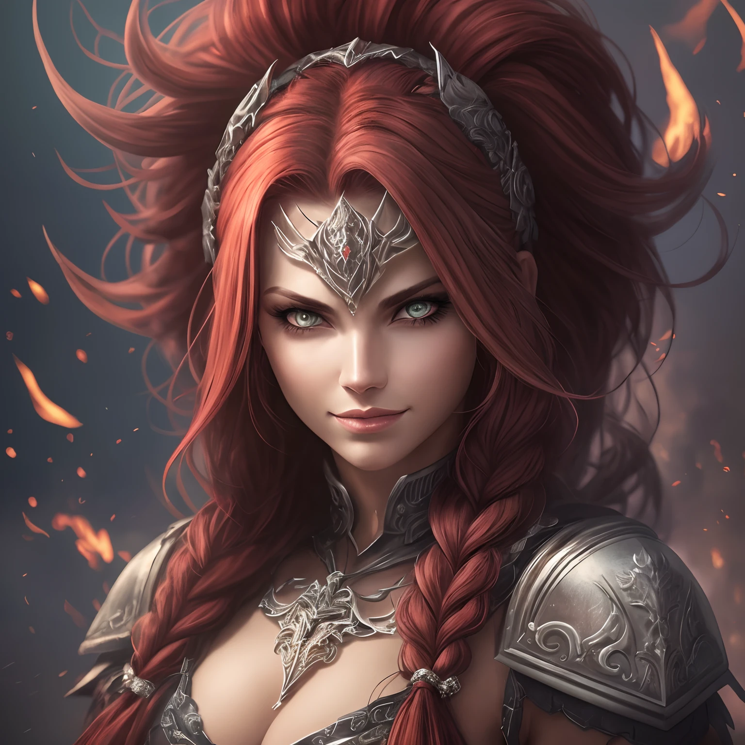 armadura, Potrait Berserker, Barbarian woman, Arte de Fantasia, of his gaze alone enemies beginning to panic, one head, devilish smile, besta do inferno, demonio, White Fire Sky, guerreiro, com foice e escudo, lindo, homens, Werelion, Long red braided hair, olhos dourados brilhantes, Realista, altamente detalhados, Motor irreal, 8k de luxo