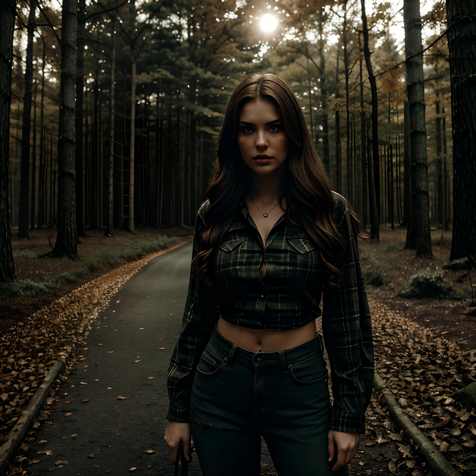 Generate a full-body photograph of Autumn, the stunning brunette influencer, dressed in a captivating and detailed costume inspired by the iconic character, Jason Voorhies, from the 'Friday the 13th' film series. Autumn should appear in her mid-20s, standing approximately 5'4" tall, with her long, wavy chestnut hair cascading gracefully on her shoulders. Her athletic hourglass figure should be accentuated by the costume. Autumn should be adorned in a meticulous and hyper-realistic recreation of Jason Voorhies' infamous outfit. This includes a worn and tattered dark-green flannel shirt with ragged sleeves, reminiscent of Jason's signature look. She should also wear a ripped pair of jeans, strategically torn to resemble the character's attire. A bloody machete should be held menacingly in one hand, adding an eerie touch to the visual. The backdrop should be an atmospheric setting reminiscent of the 'Friday the 13th' franchise. It should feature an eerie forest scene with looming trees, dense foliage, and a sense of foreboding darkness. The environment should be lit by moonlight, casting subtle, chilling shadows. Autumn's poses should reflect the eerie and suspenseful nature of the character she portrays. She can stand confidently with one foot slightly forward, menacingly holding the machete in her hand while maintaining a chilling, intense look.Intense look and makeup, symmetrical eyes, symmetrical face, photorealistic, photography, path tracing, specular lighting, volumetric face light, path traced hair, visible shadows, intricate, elaborate, hyper-realistic.