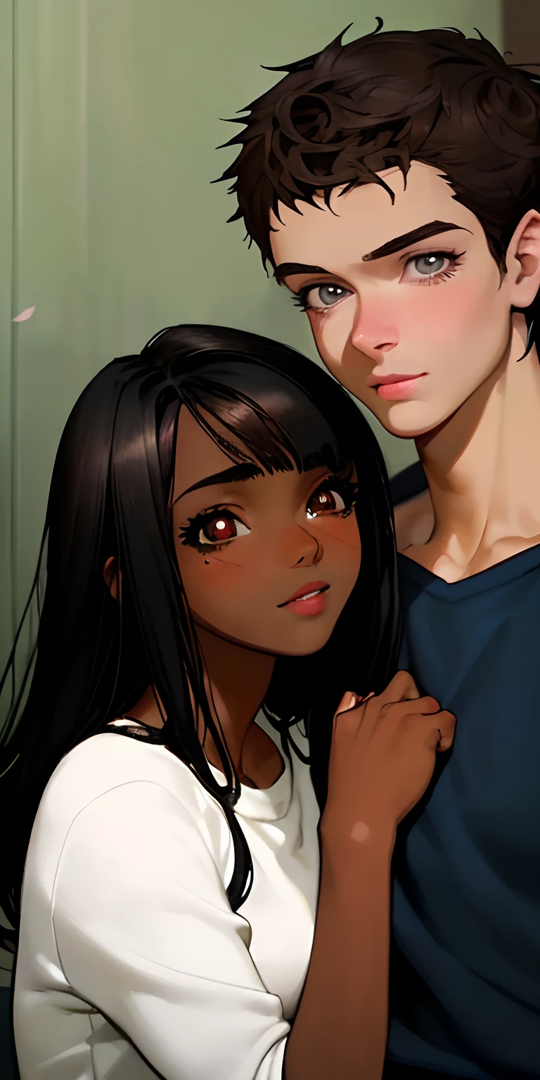 (best quality,4k,8k,highres,masterpiece:1.2),ultra-detailed,(realistic,photorealistic,photo-realistic:1.37),anime cartoon interracial couple,black girl dark-skinned dark hair,white boy realistic,expressive faces,large and bright eyes,detailed facial features,happy and loving expressions,beautifully styled hair,playful and dynamic poses,gentle and warm lighting,soft and vibrant colors,romantic and affectionate atmosphere,gentle brush strokes,smooth and polished shading,emotional connection,background with cherry blossoms,joyful and lively surroundings,enchanting and dreamy ambiance