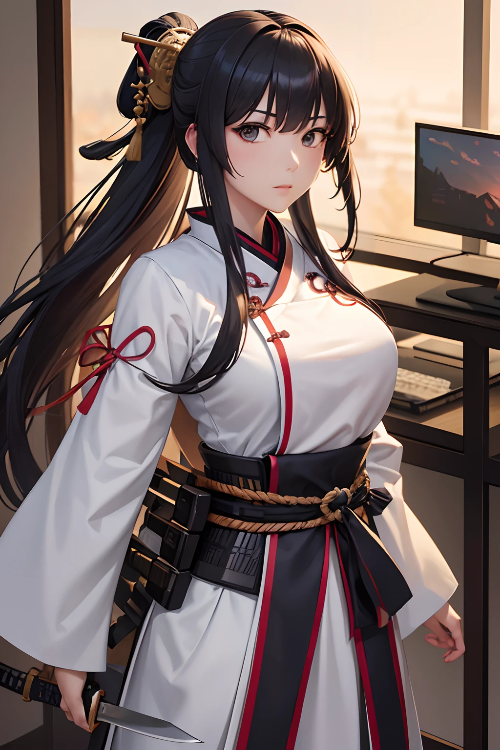 Beautiful female samurai of the Warring States period、Woman with semi-long hair、Samurai Pose、Knives、Standing、The appearance of the samurai、Computer Graphics Art、。.。.3D、hight resolution、top-quality、full body Esbian、8K Character Concept、32K、pixiv、illustratio、 ultra-detailliert、hyperdetailed face、Megapixel、 Ultra High Definition HDR、Clair、Overdecoration