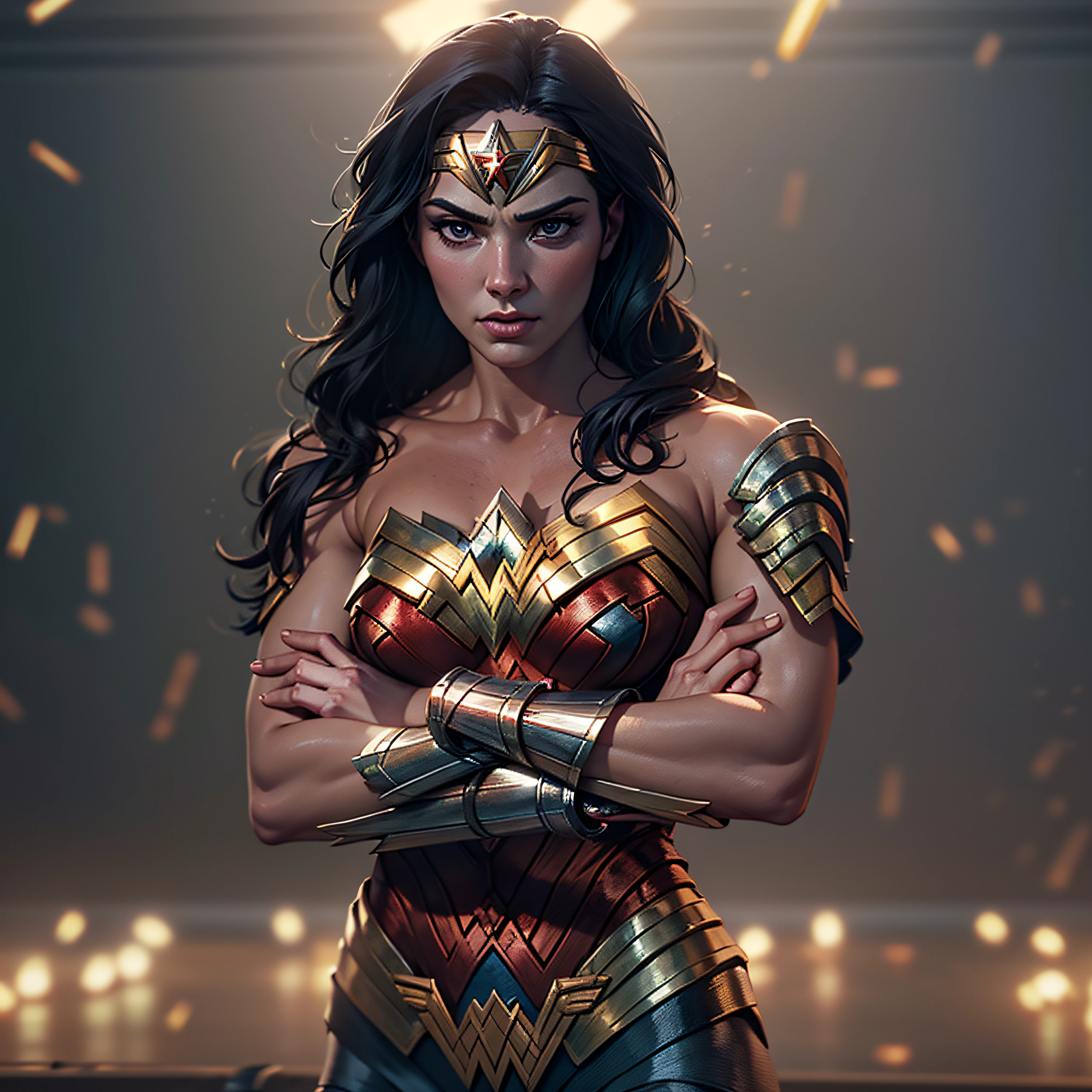 Wonder Woman, muscular athletic body. Arms crossed in front of her. Bullets ricocheting off her bracelets. photo-realistic, octane render, unreal engine, ultra-realistic