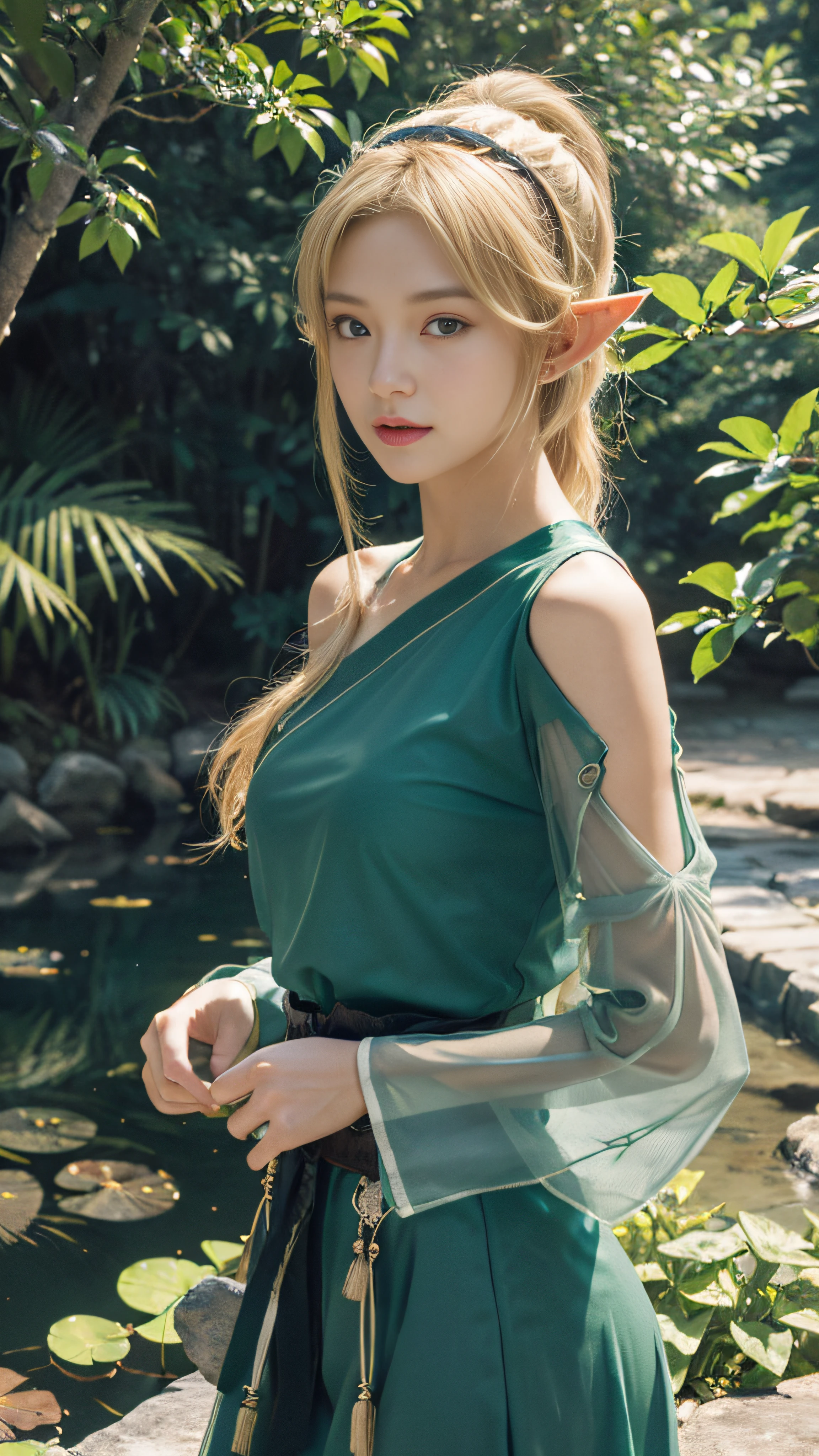 Best Quality,Masterpiece,8k wallpaper,absurdress, hight resolution, Ultra Detailed, (ung beautiful girl, 独奏:1.1),sheet_in_sword_Art_Online, Cowboy shot, 1girl, (blonde hair with a ponytail, white hairband,Green T-shirt with transparent green sleeve,Elf's ears,Green eyes, green transparent long sleeves, Jewelry on the shoulder, upper-body,exteriors, woods, pond, green plants, Flowers,
BREAK