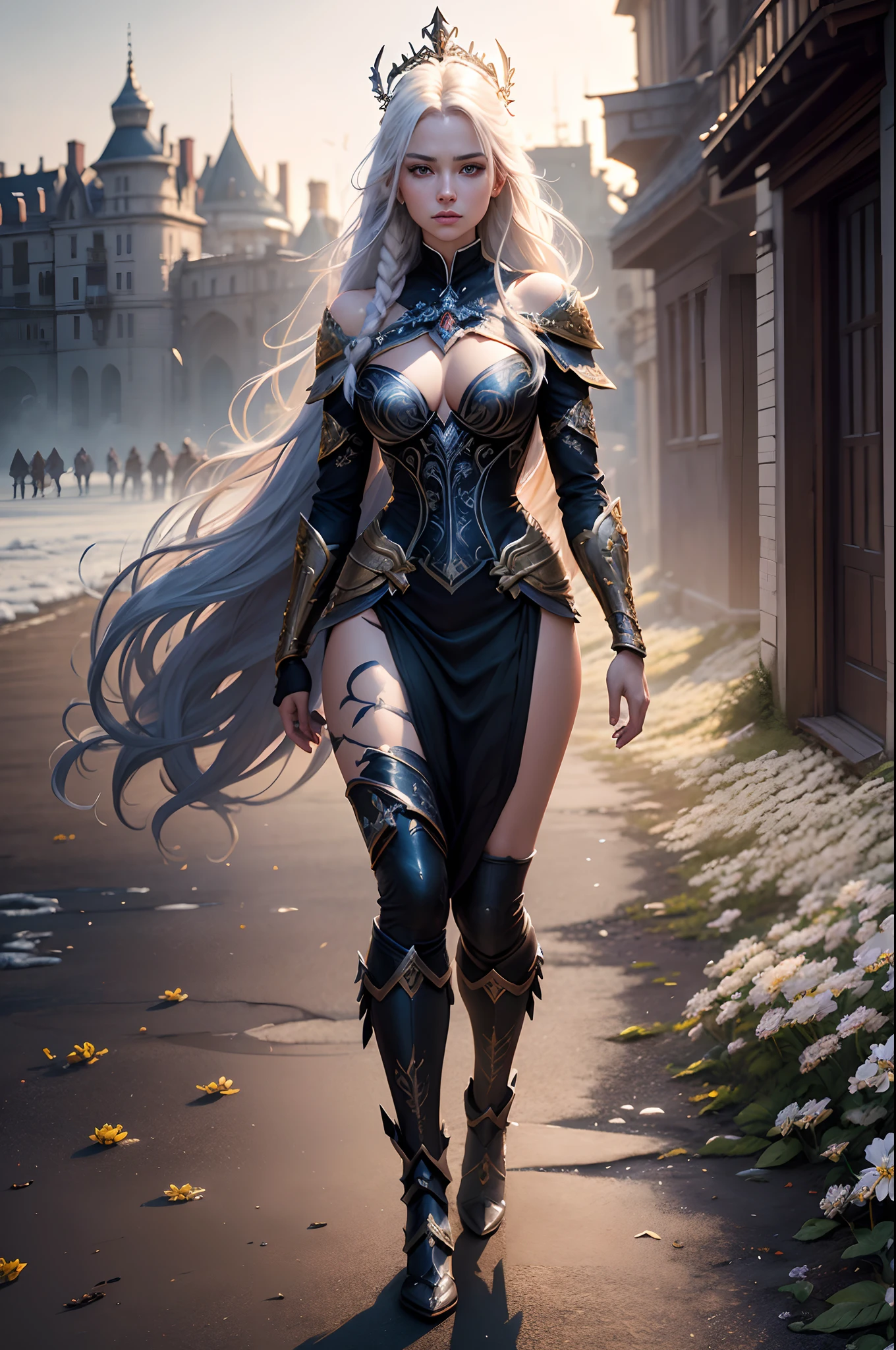 realistic frozen elsa, full body:1.6, walking pose, slow motion, (rogue thief:1.2) woman, multi-layered stitched,(dark-gold armor, many detail on armor), (intricately patterned cloth:1.2), (insanely detailed, flowering:1.5), (top quality, Alessandro Casagrande, Greg Rutkowski, Sally Mann, concept art, 4k), (analog:1.2), (high sharpness), (detailed pupils:1.1), (painting:1.1), (digital painting:1.1), detailed face, eyes and body, masterpiece, best quality, (highly detailed photo:1.1), 8k, photorealistic, (long curvy hair, ecstasy:1.1), (young woman:1.1), by jeremy mann, by sandra chevrier, by maciej kuciara, sharp, (perfect body:1.1), realistic, real shadow, 3d, (europe castle background:1.2), (by Michelangelo), angel of death, innocent, eyes, diadem, angel wings, black clothes, full body, arms behind back, sky, halo, post-apocalypse,