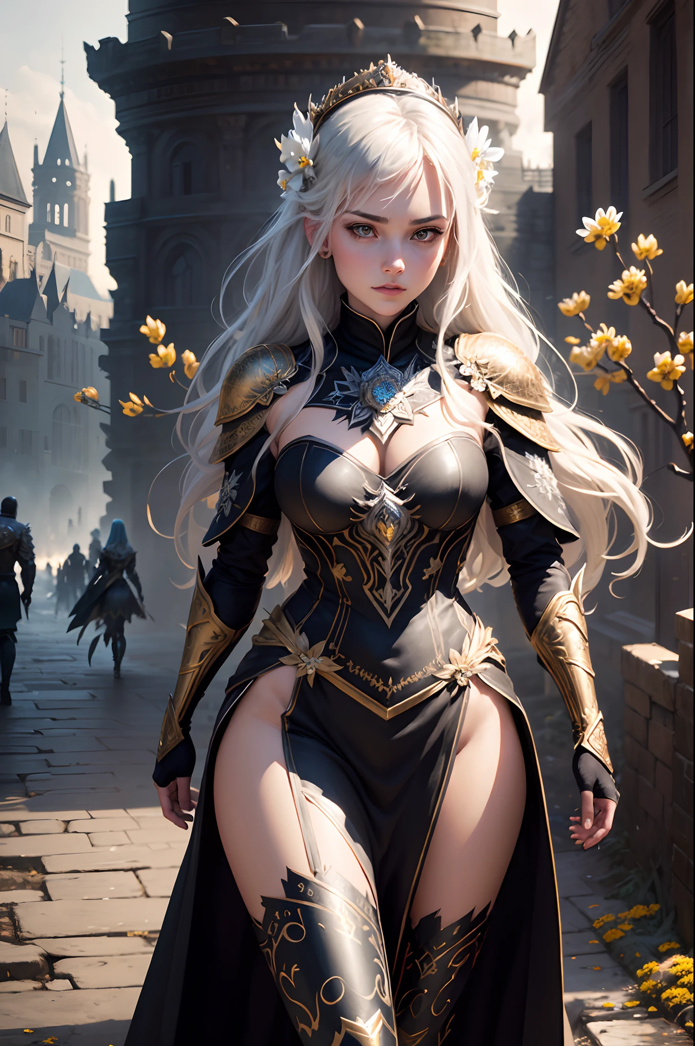 realistic frozen elsa, full body:1.6, walking pose, slow motion, (rogue thief:1.2) woman, multi-layered stitched,(dark-gold armor, many detail on armor), (intricately patterned cloth:1.2), (insanely detailed, flowering:1.5), (top quality, Alessandro Casagrande, Greg Rutkowski, Sally Mann, concept art, 4k), (analog:1.2), (high sharpness), (detailed pupils:1.1), (painting:1.1), (digital painting:1.1), detailed face, eyes and body, masterpiece, best quality, (highly detailed photo:1.1), 8k, photorealistic, (long curvy hair, ecstasy:1.1), (young woman:1.1), by jeremy mann, by sandra chevrier, by maciej kuciara, sharp, (perfect body:1.1), realistic, real shadow, 3d, (europe castle background:1.2), (by Michelangelo), angel of death, innocent, eyes, diadem, angel wings, black clothes, full body, arms behind back, sky, halo, post-apocalypse,
