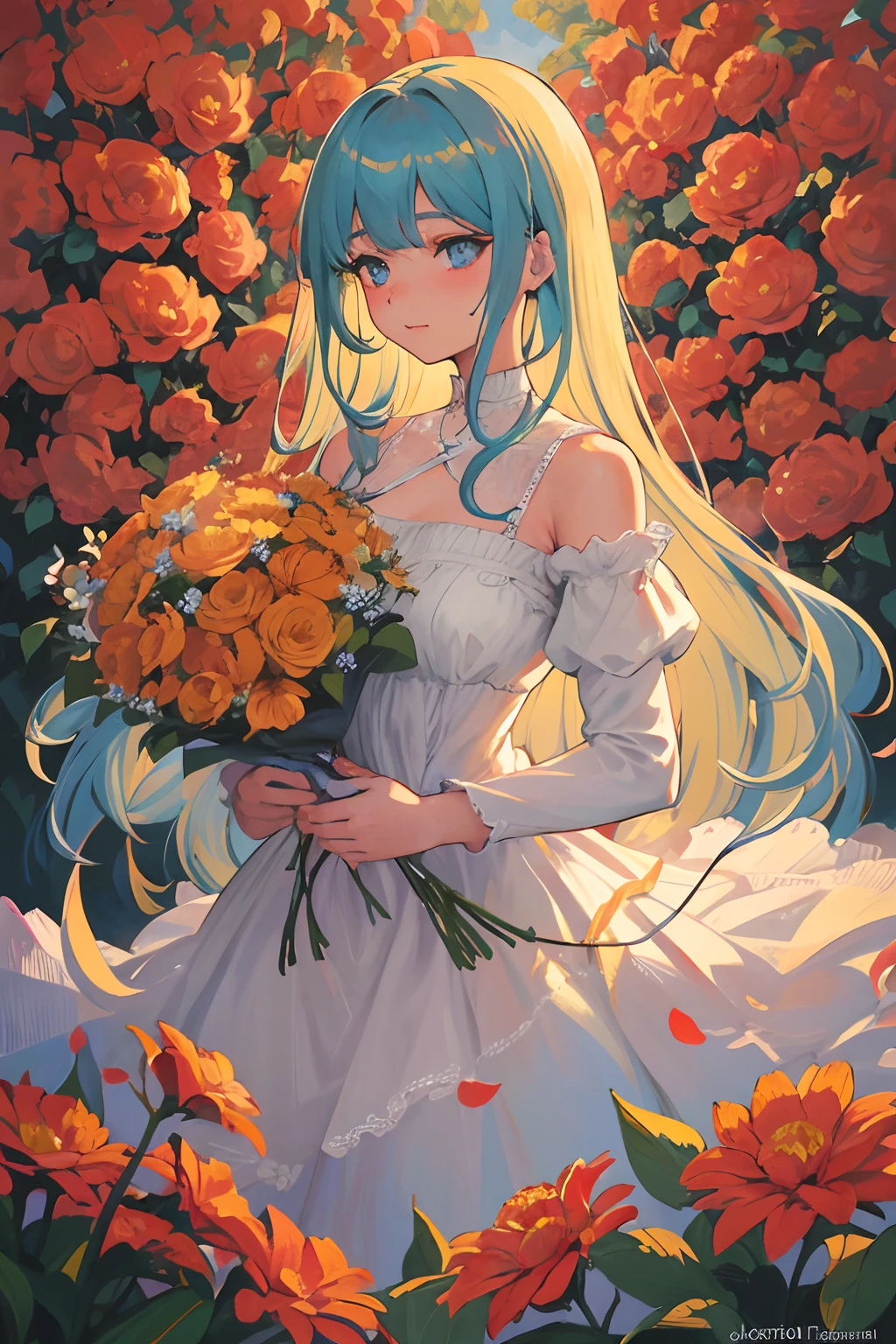 Detailed portrait of a young woman in a vintage dress, with beautiful curly hair and piercing blue eyes, holding a bouquet of vibrant flowers. The painting should be done in oil on canvas for a classic and timeless effect. The background should be a lush garden with blooming flowers and a soft sunlight filtering through the trees. The colors should be vibrant and saturated, with a warm color tone to create a romantic atmosphere. The lighting should emphasize the woman's features, casting gentle shadows on her face and highlighting her expressive eyes and delicate features. The level of detail should be incredibly high, capturing every strand of hair and every petal of the flowers. This painting is meant to be a masterpiece, showcasing the artist's skill and craftsmanship.